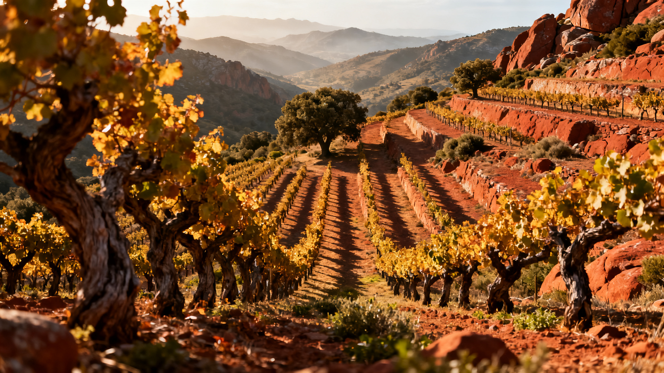 Vignes de Cannonau sur sol granitique rouge en Sardaigne, collines de Barbagia, lumière méditerranéenne dorée