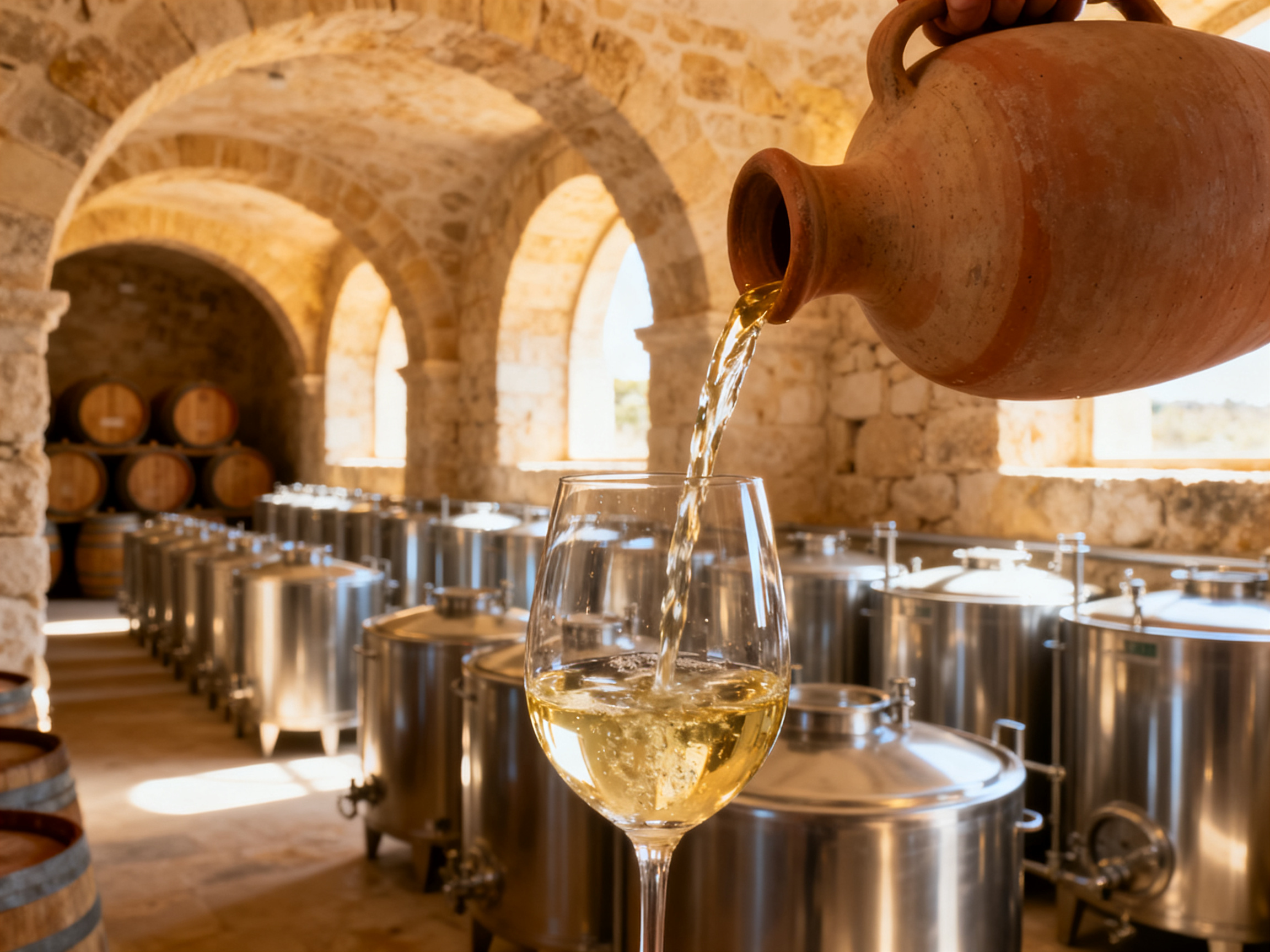 Cave traditionnelle sicilienne avec amphores et cuves inox pour vinification du catarratto