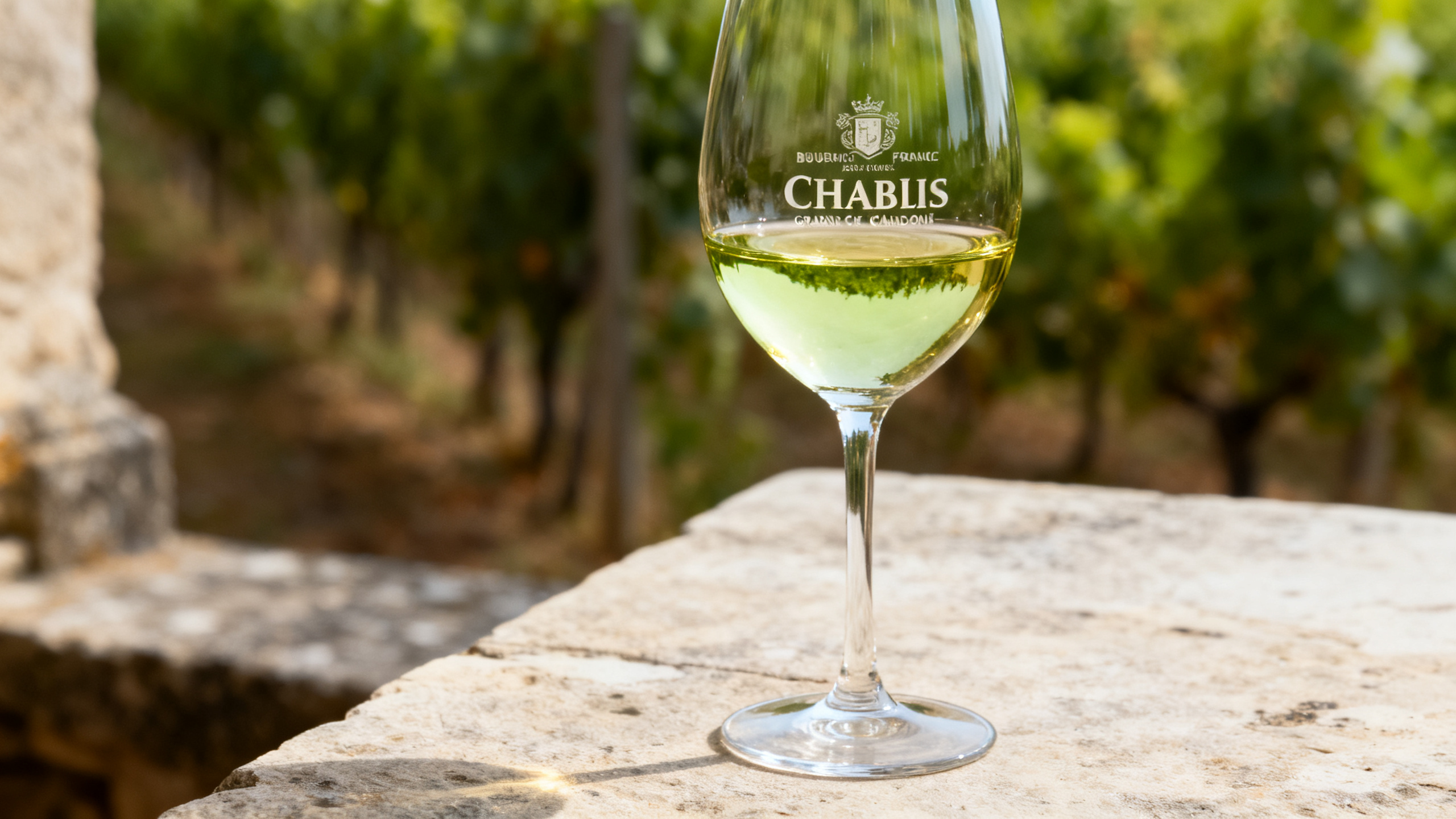 Verre de Chablis Grand Cru, robe jaune dorée aux reflets verts, dégustation en Bourgogne