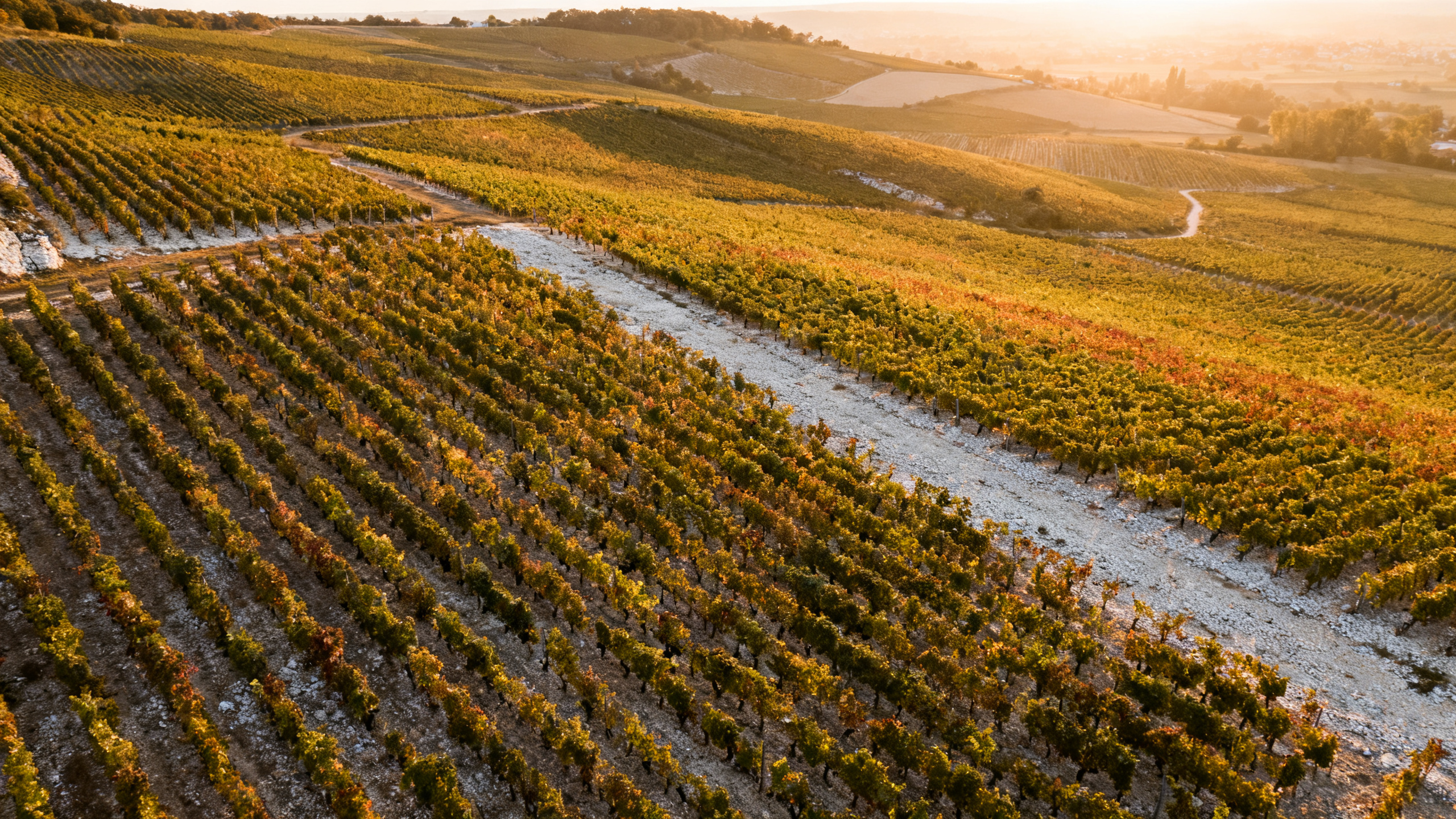 Vignoble de Chablis sur calcaire kimméridgien, rangs de Chardonnay en Bourgogne