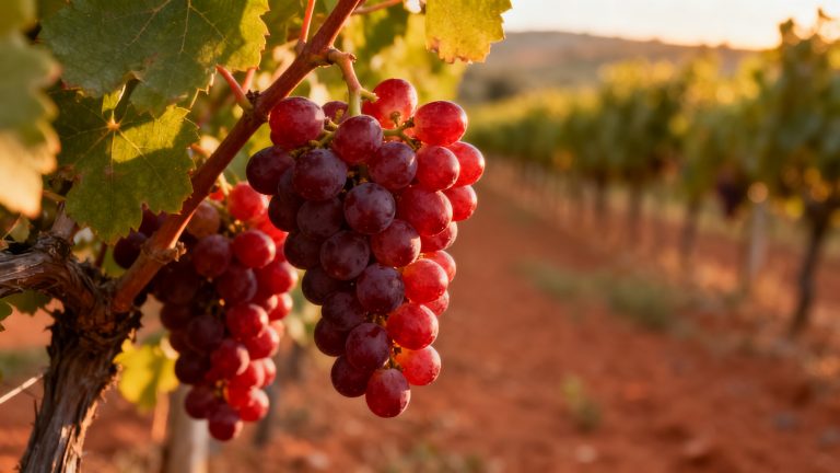 Guide Ciliegiolo : le cépage toscan qui sent la cerise et la rose Grappe de raisins Ciliegiolo rouge cerise mûre dans le vignoble de Maremma Toscana