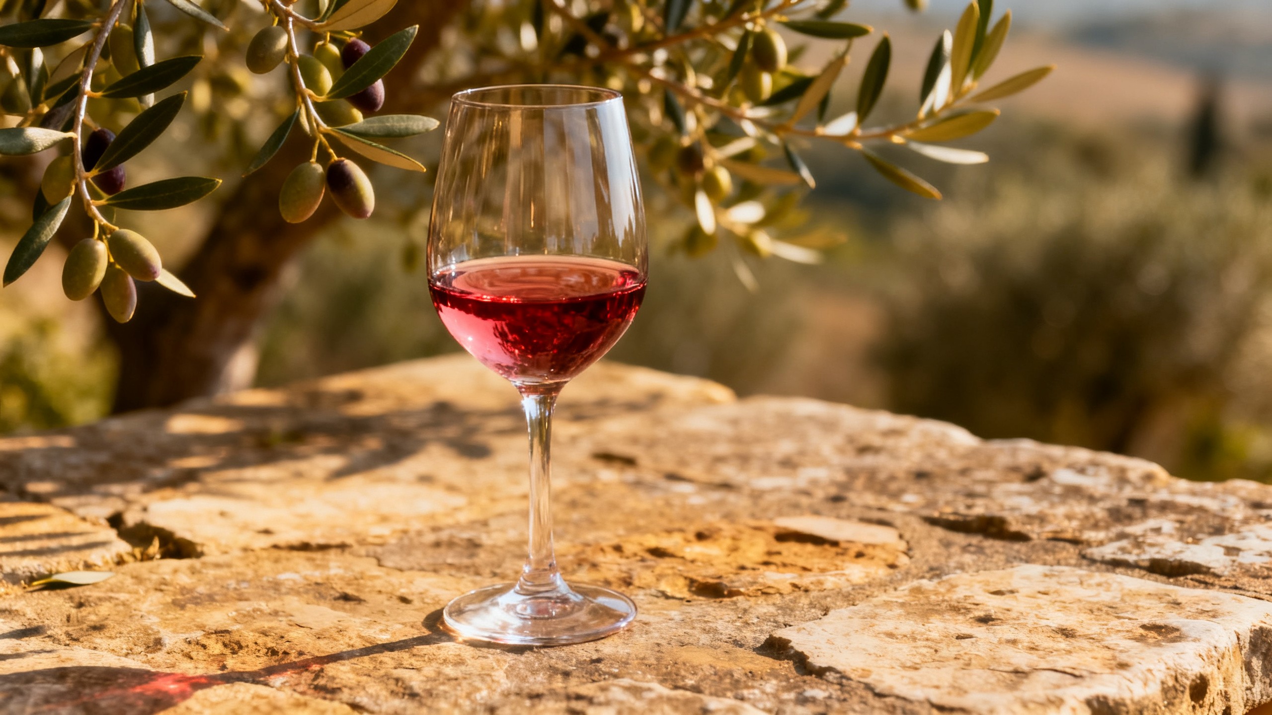 Verre de vin Ciliegiolo rouge cerise sur une table toscane rustique