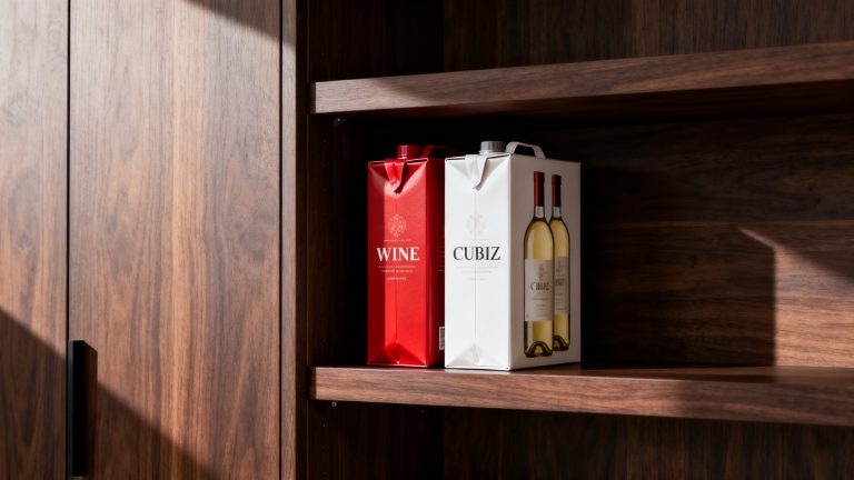 Cubis de vin bag-in-box non ouverts rangés dans une cuisine moderne, conservation vin cubi non ouvert