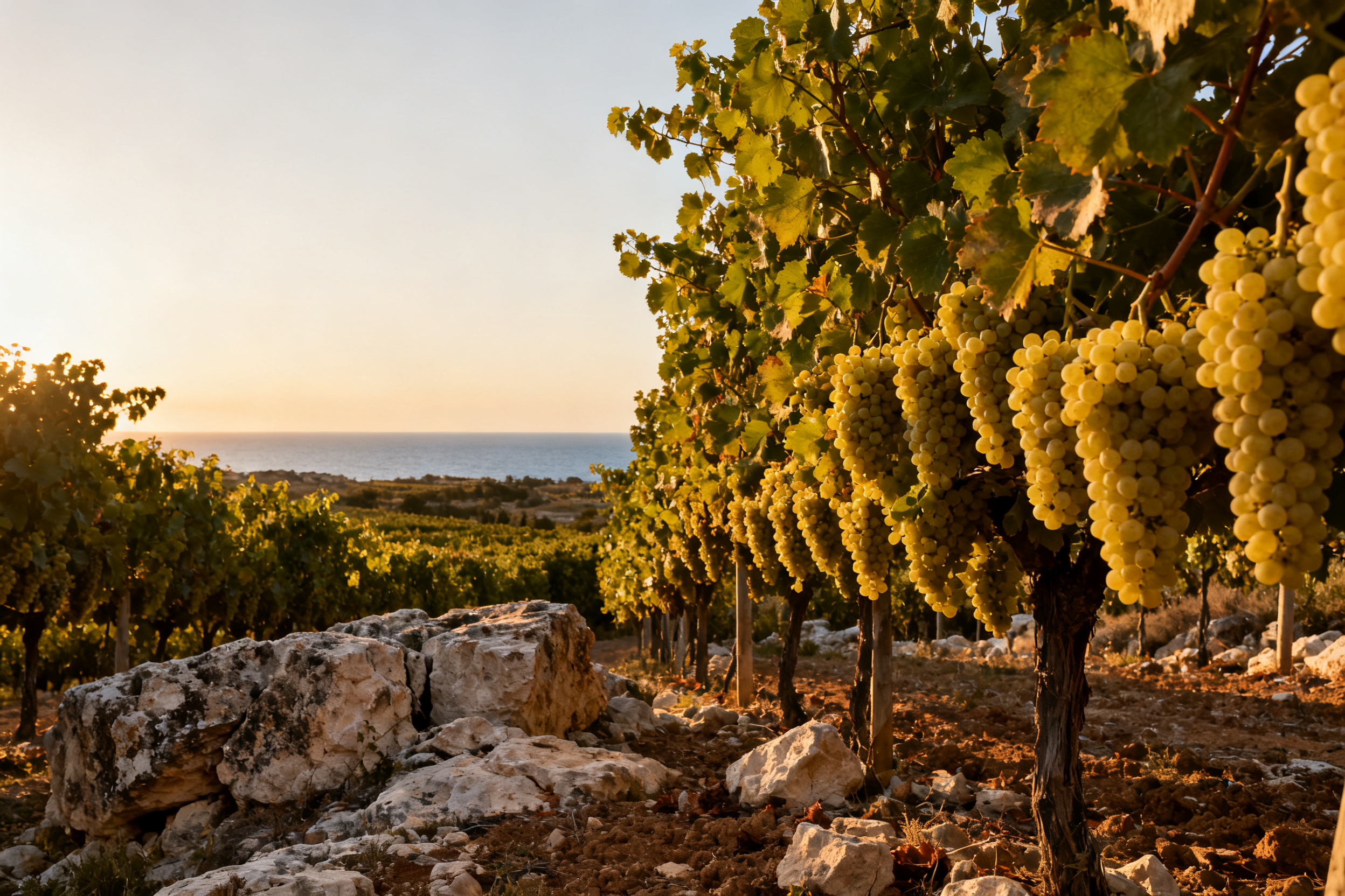 Vignoble de catarratto en Sicile occidentale, grappes de raisin blanc, terroir calcaire méditerranéen