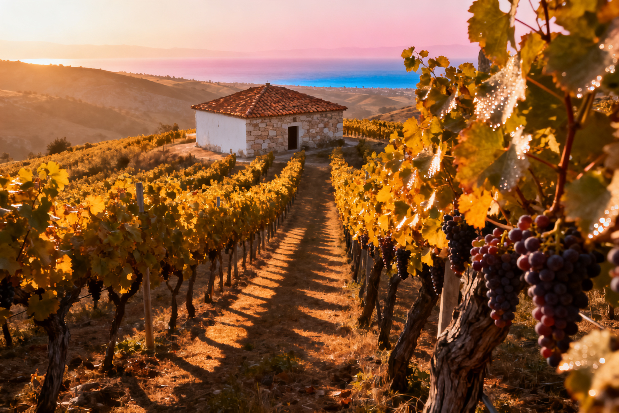 Vignoble turc au coucher du soleil en Thrace, région viticole de Turquie