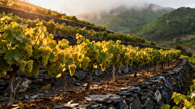 Vignoble de Godello sur terrasses d'ardoise à Valdeorras, Galice, Espagne