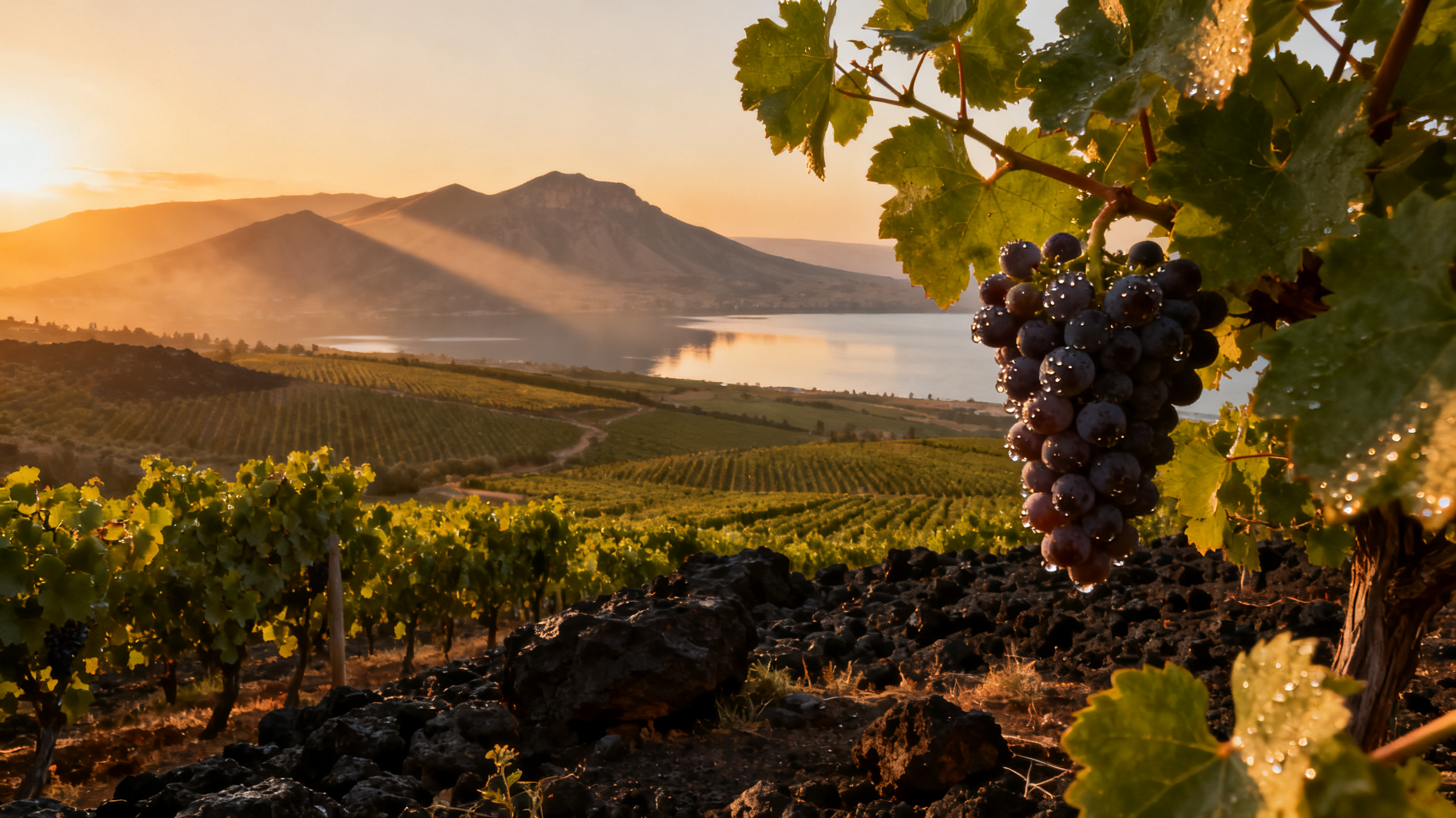 Vignoble du Golan Heights Israël, vignes sur sol basaltique volcanique avec vue mer de Galilée