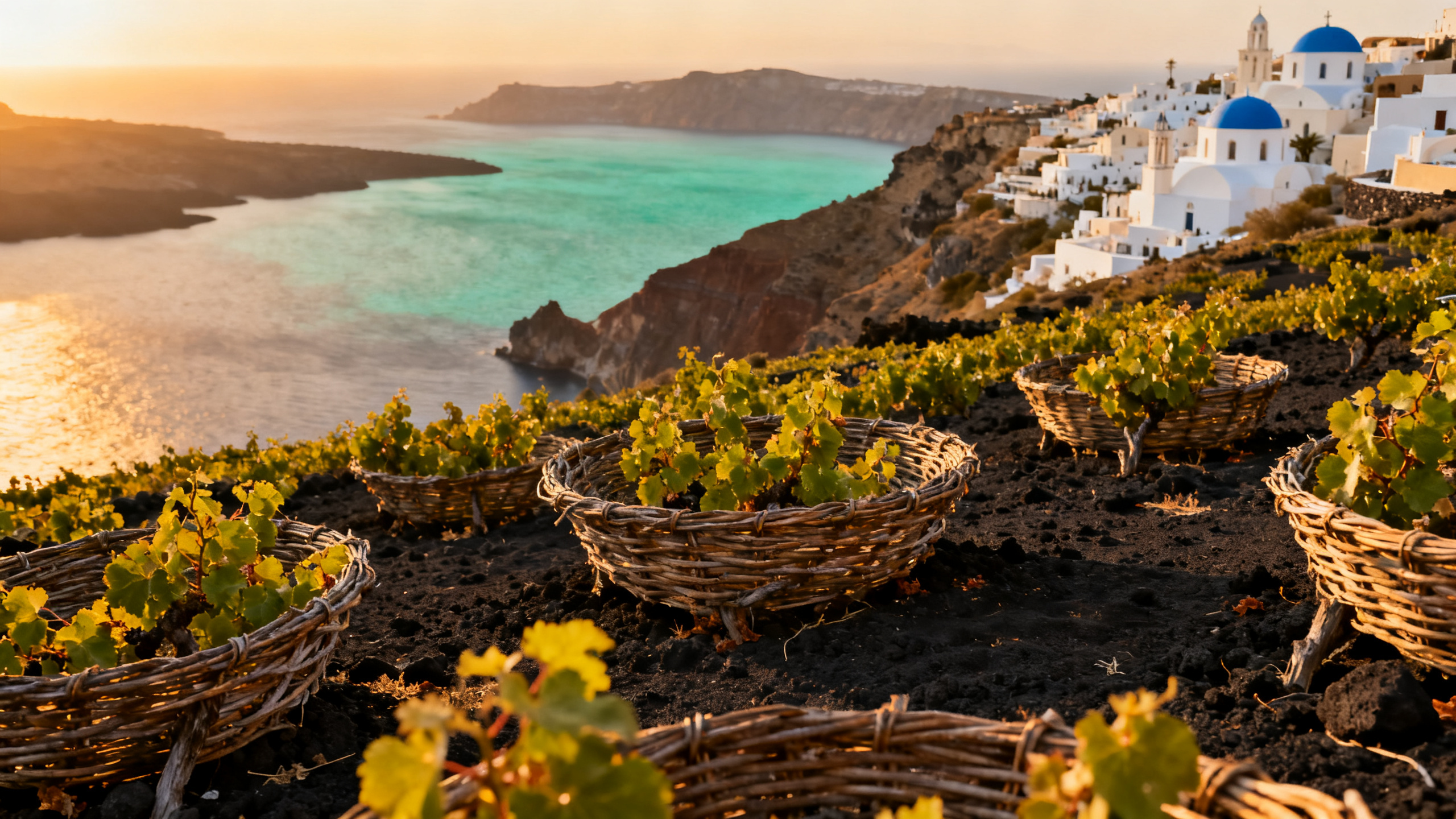 Vignoble de Santorin avec vines en korona (corbeilles tressées) sur sol volcanique noir, caldeira de Santorin et mer Égée turquoise en arrière-plan