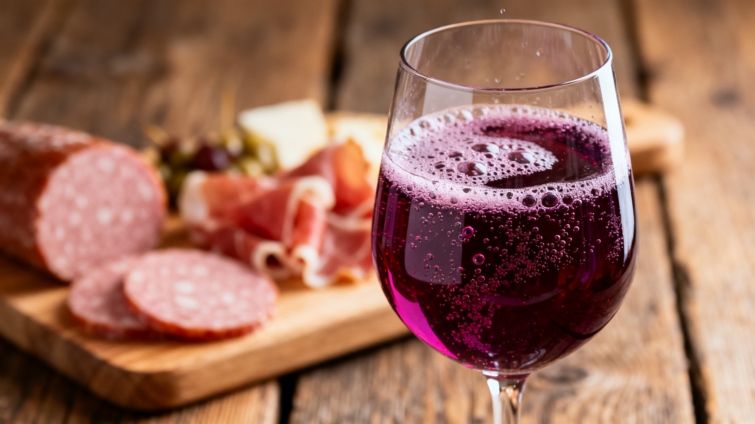 Verre de Lambrusco Grasparossa aux bulles violacées, accordé avec une planche de charcuterie italienne