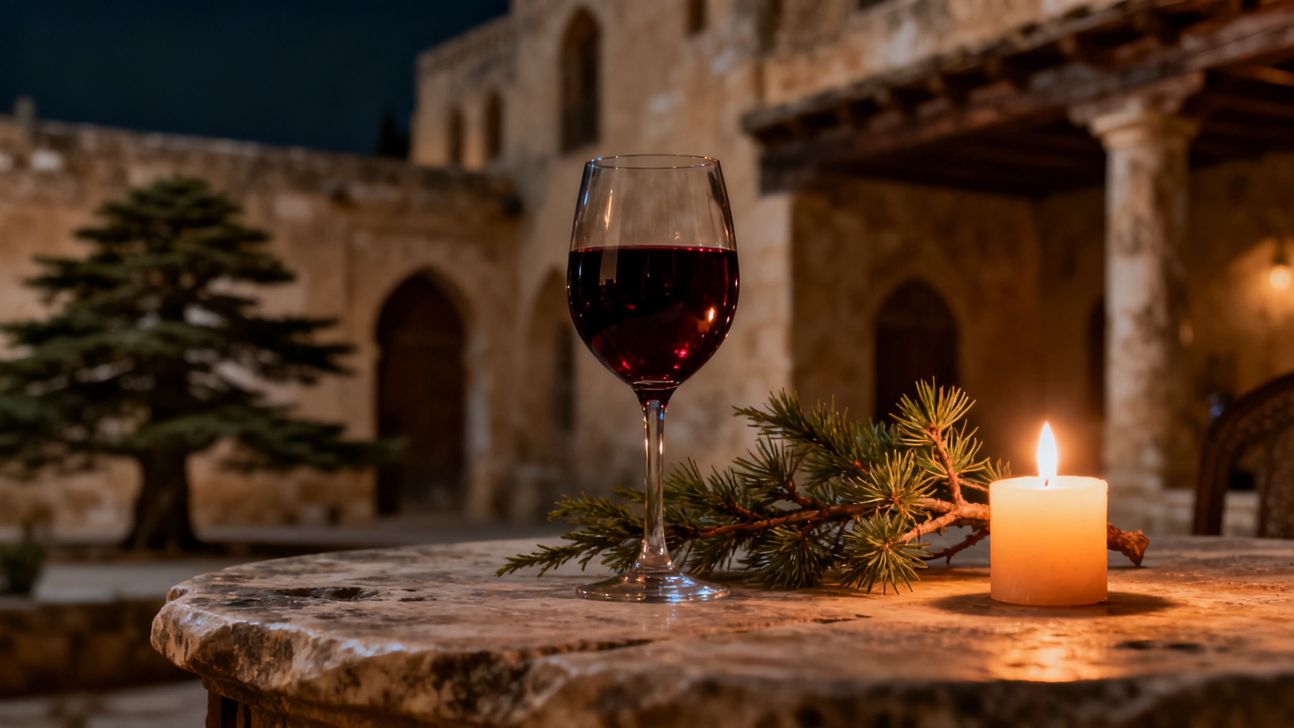 Verre de vin rouge libanais grenat profond, architecture levantine, cèdre du Liban