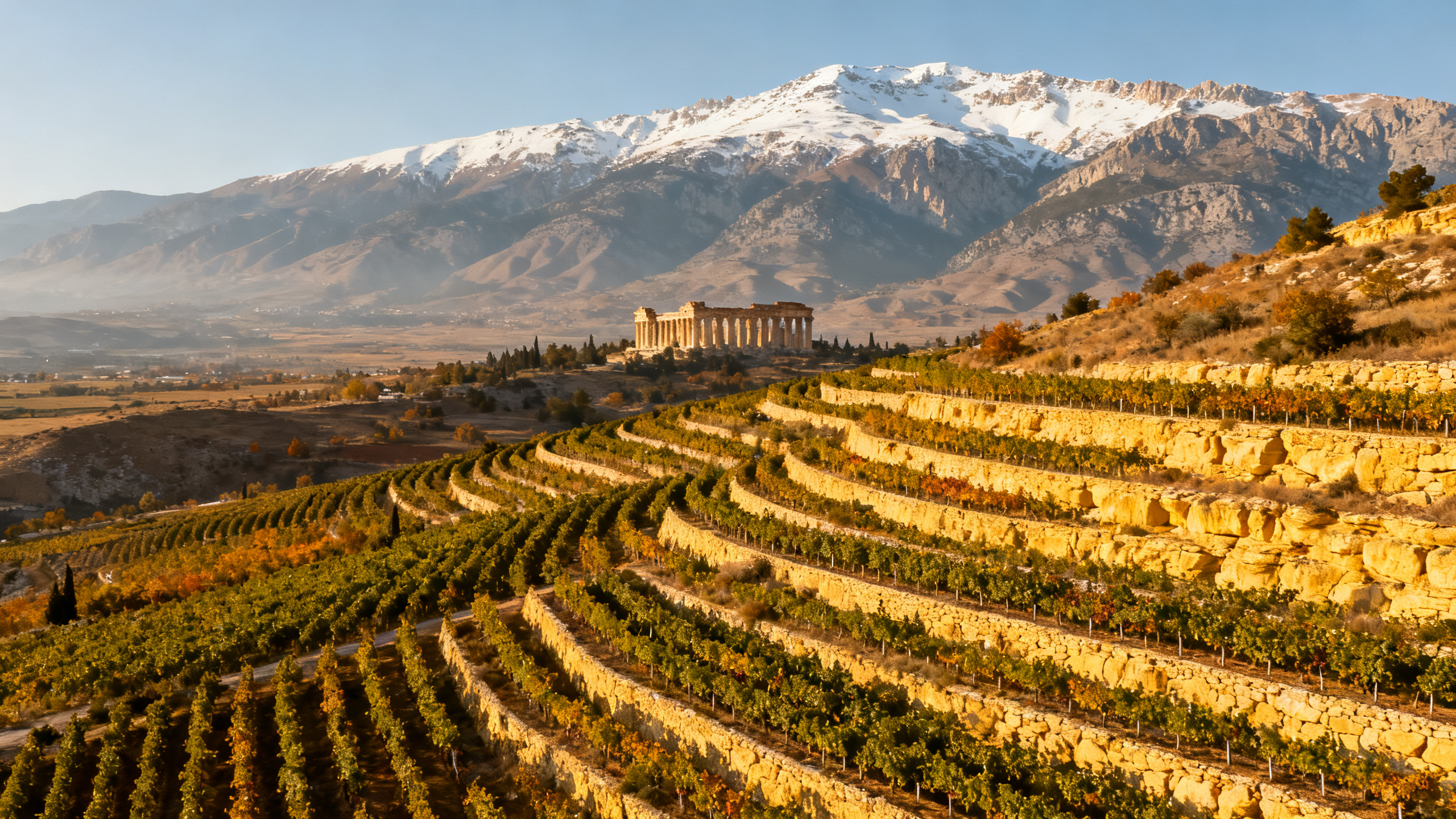Vignoble libanais en Bekaa Valley, terrasses calcaires à 1000m avec les monts du Liban