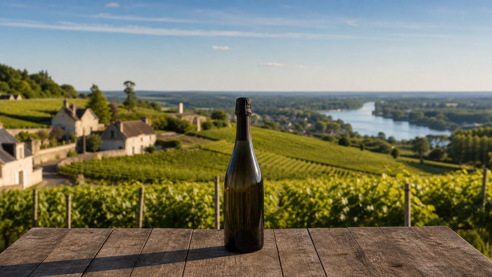 Vignobles de la Vallée de la Loire avec Crémant de Loire au premier plan