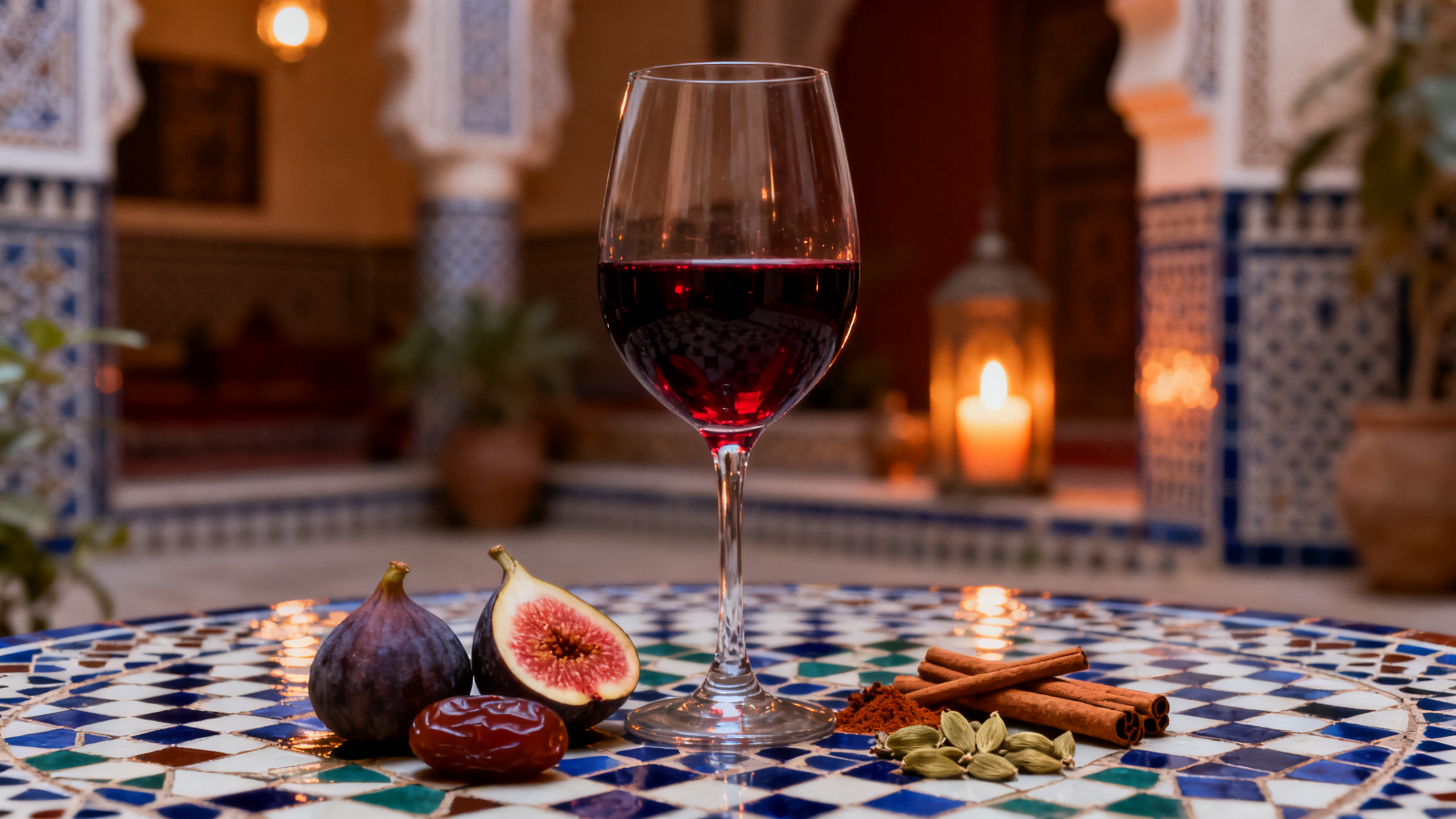 Verre de Syrah marocaine rubis profond, table mosaïque zellige, riad