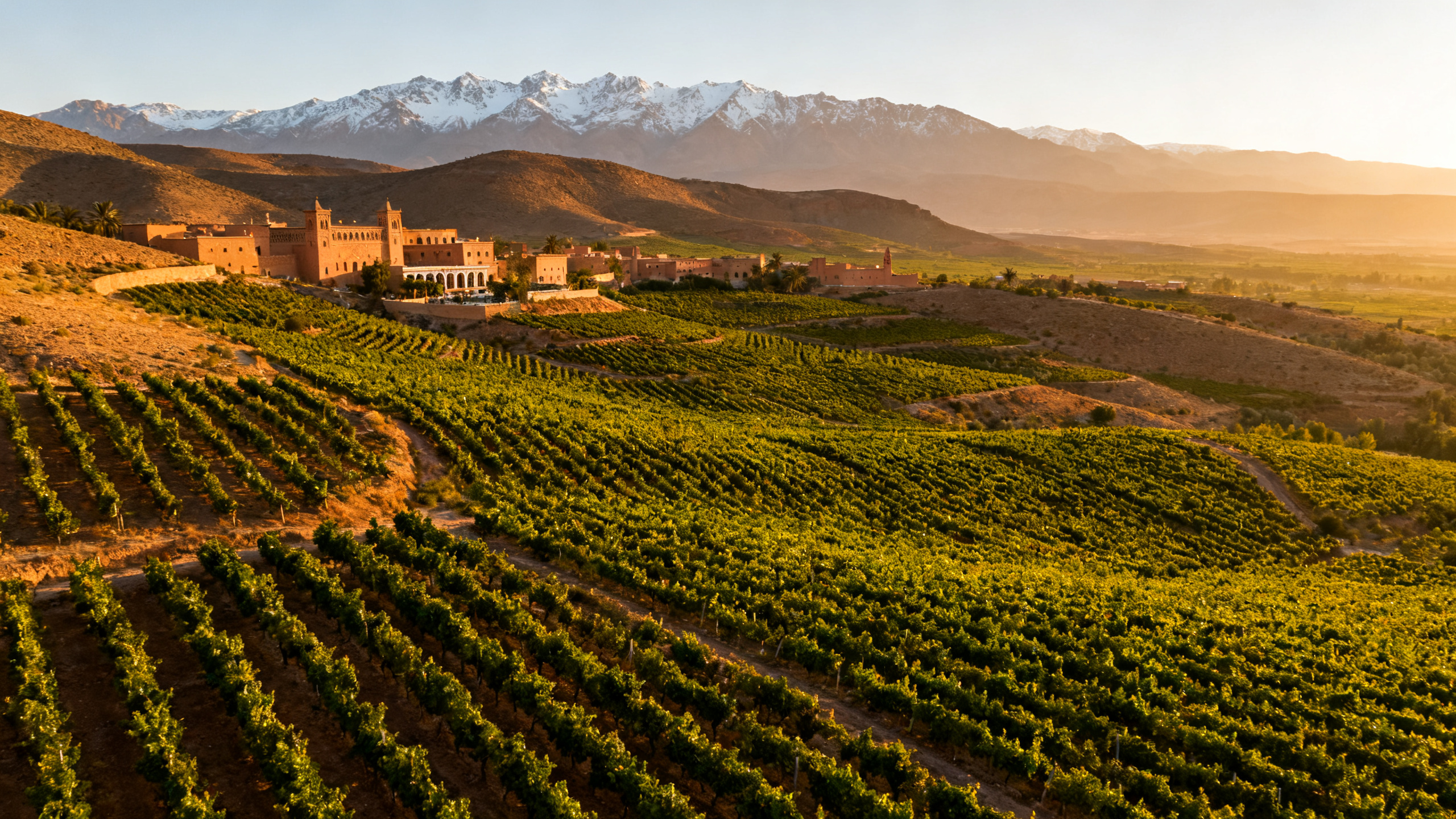 Vignoble marocain près de Meknès au pied de l Atlas, rangées de vignes sur collines dorées