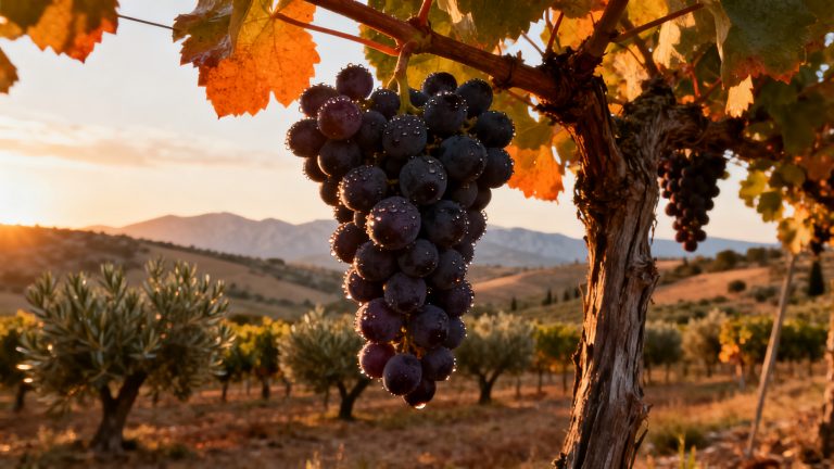 Grappes de Marselan rouge dans un vignoble du Languedoc au coucher de soleil