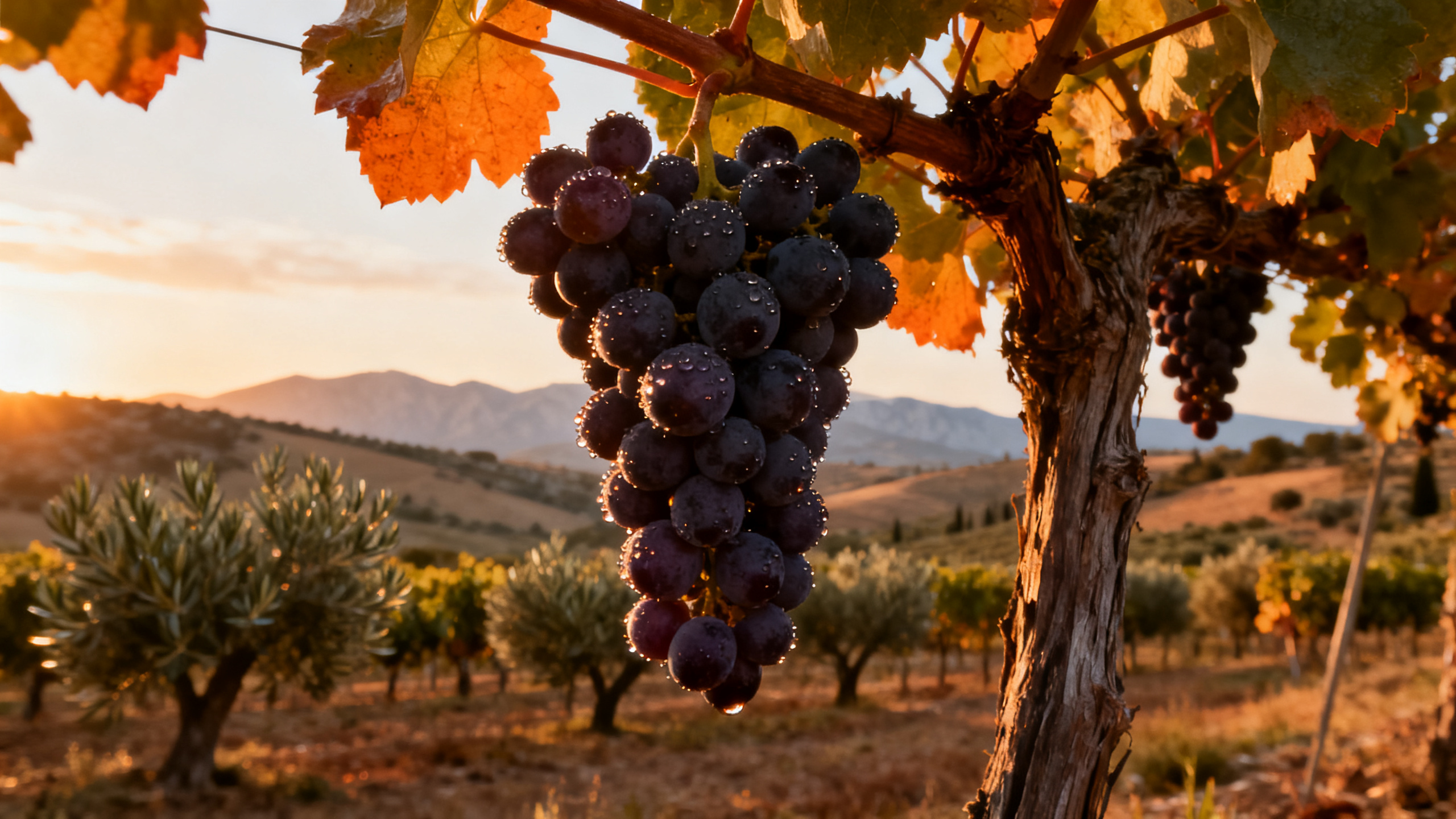 Grappes de Marselan rouge dans un vignoble du Languedoc au coucher de soleil