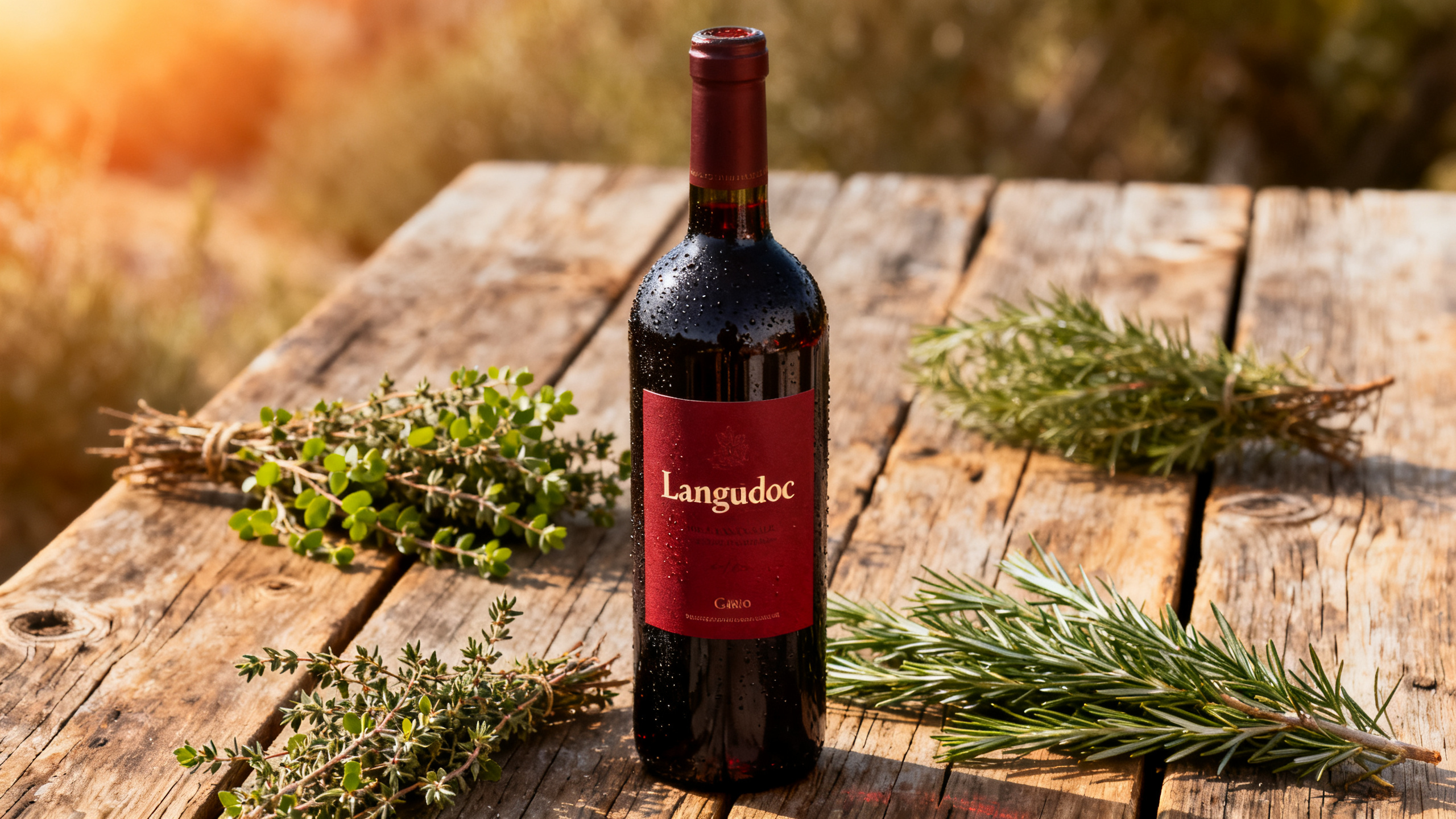 Bouteille de vin Marselan sur table rustique avec herbes de garrigue, thym et romarin, Languedoc