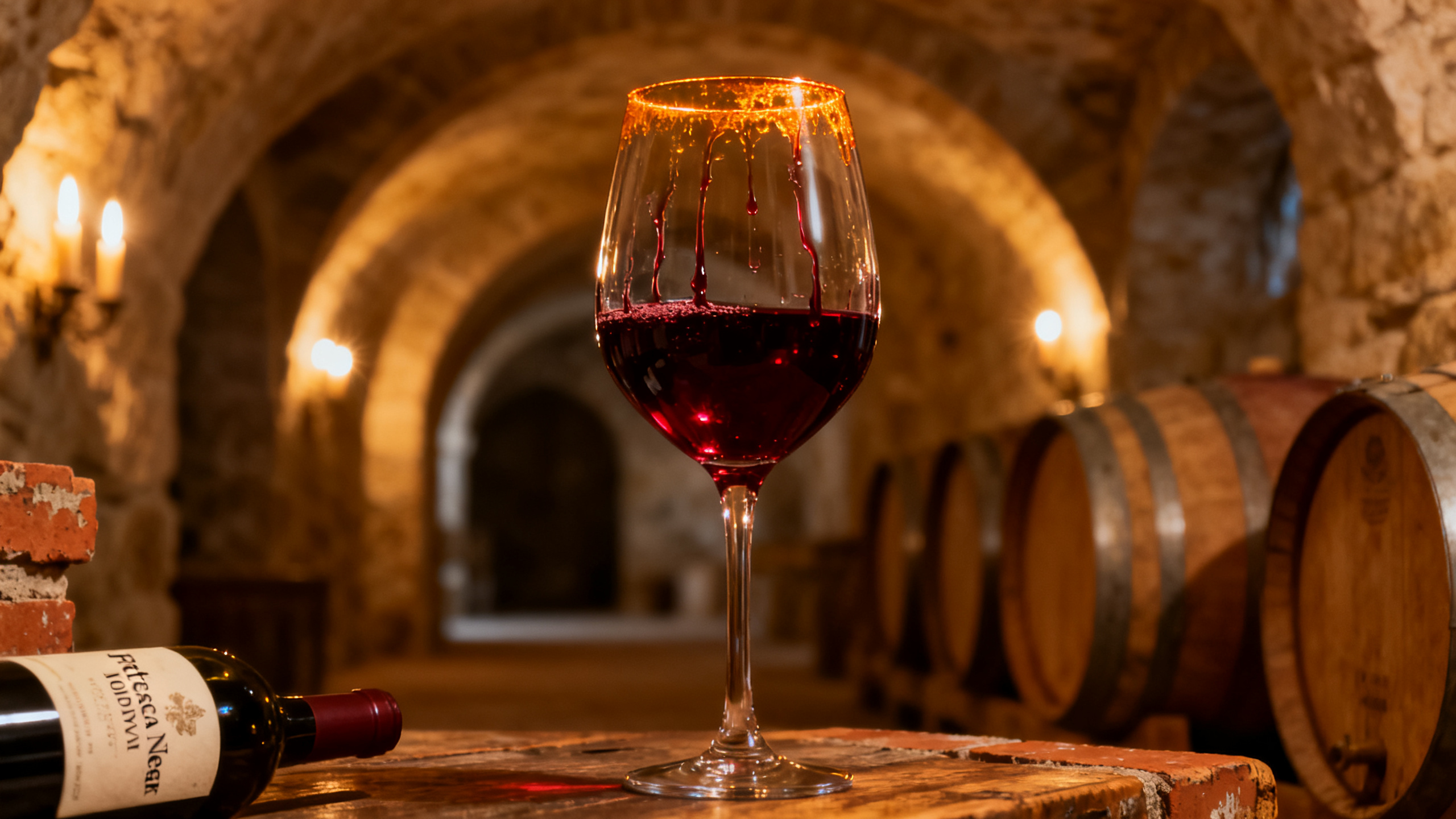 Verre de vin rouge Feteasca Neagra moldave, cépage indigène, cave en pierre