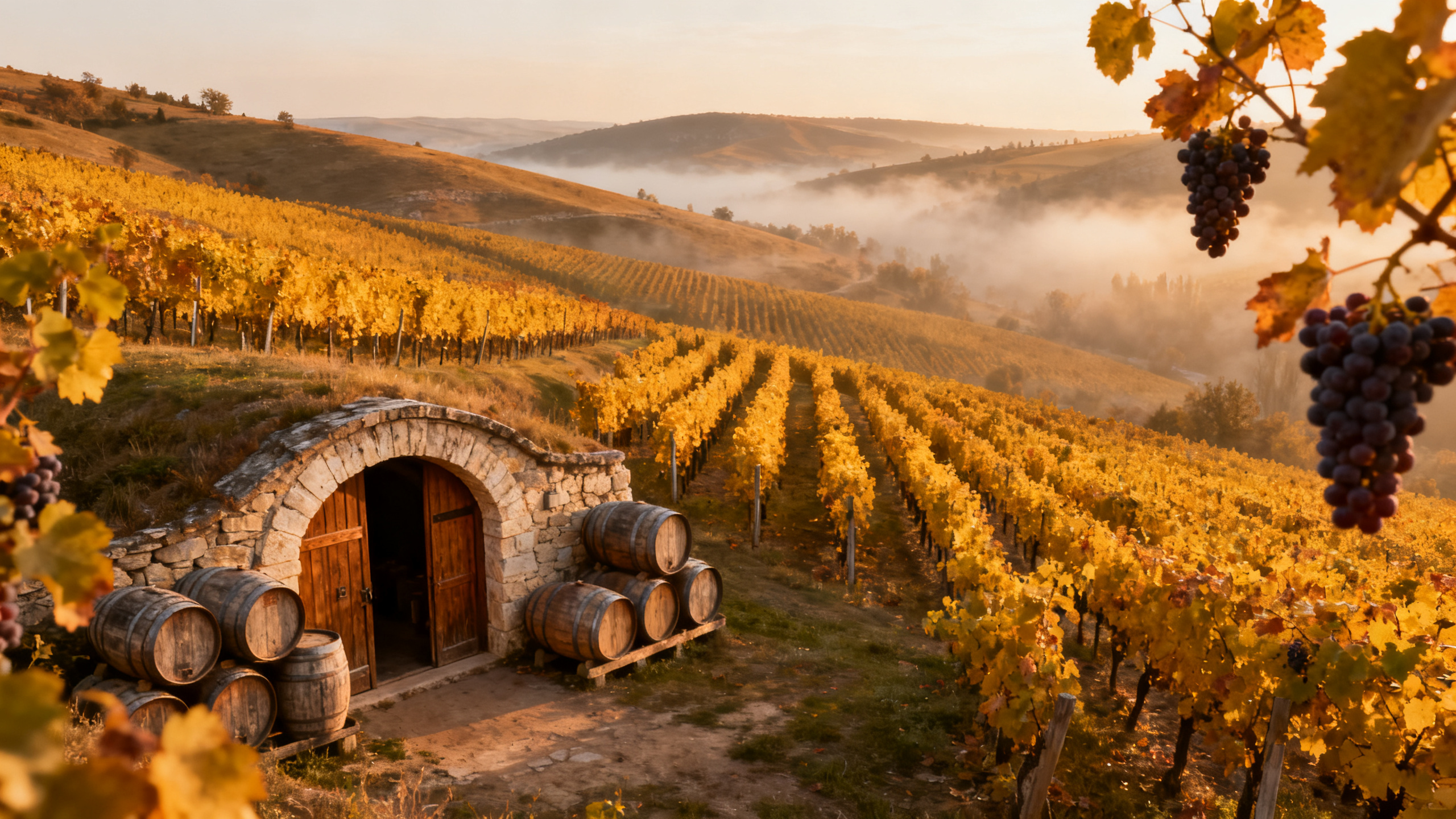 Vignoble moldave en automne, collines dorées, cave de Cricova en arrière-plan
