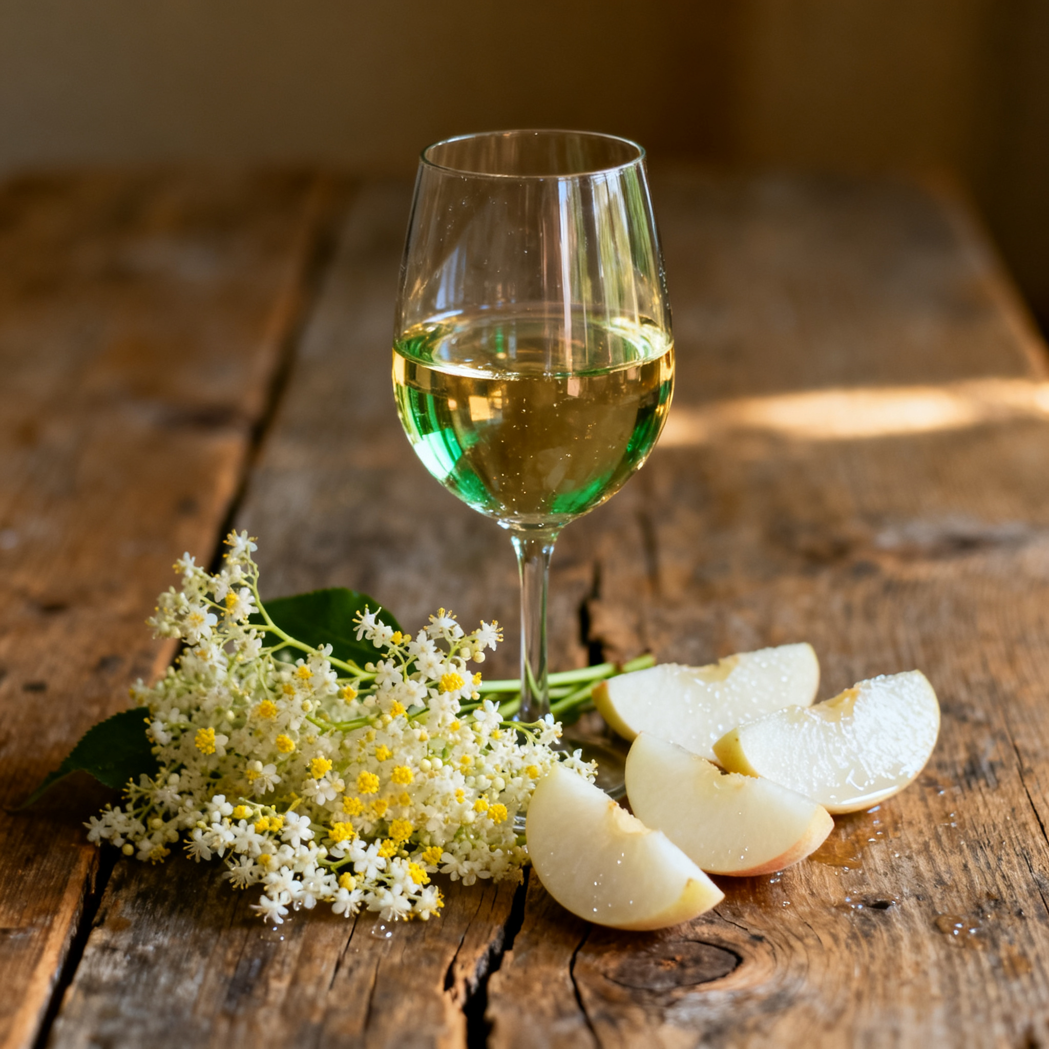 Verre de vin blanc Müller-Thurgau avec fleurs de sureau et pêche blanche, service idéal en Alsace