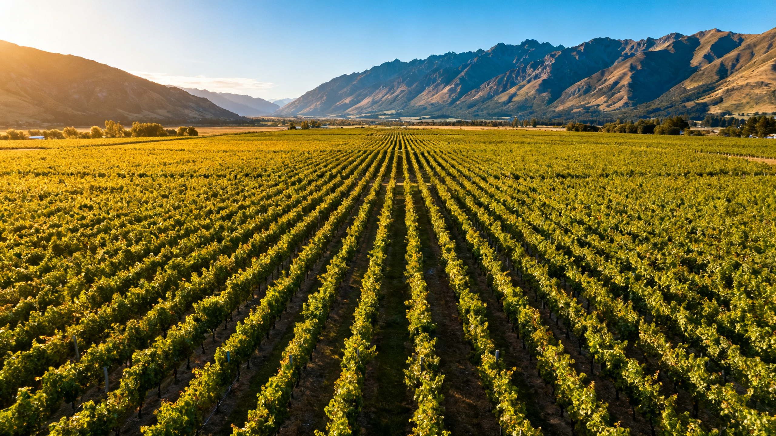 Panorama des vignobles de Marlborough en Nouvelle-Zélande, rangées de Sauvignon Blanc dans la Wairau Valley