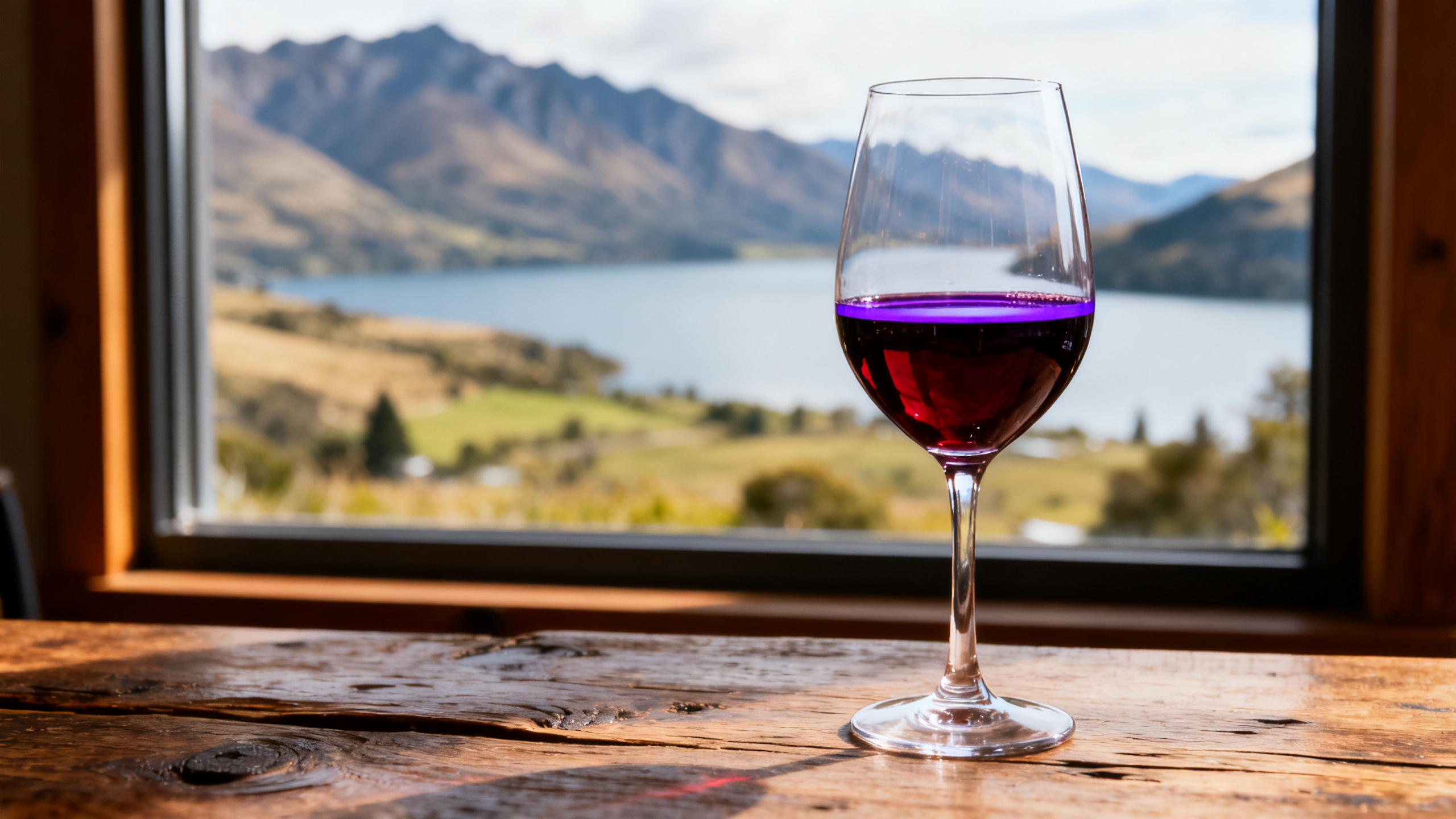 Verre de Pinot Noir Central Otago avec paysage de schiste et lac en arrière-plan, Nouvelle-Zélande