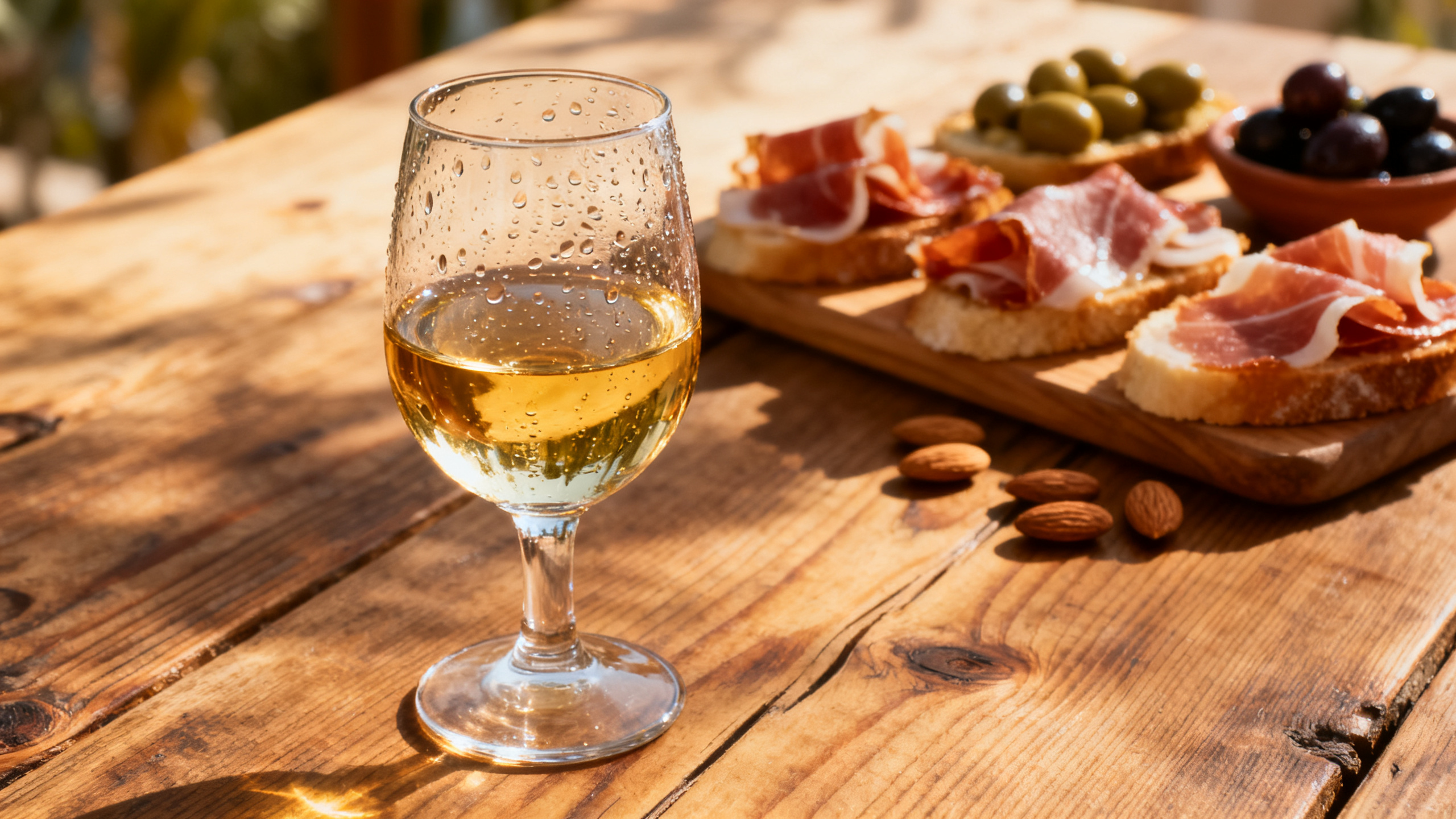 Verre de Fino Sherry Palomino avec tapas espagnols jamón ibérico et olives