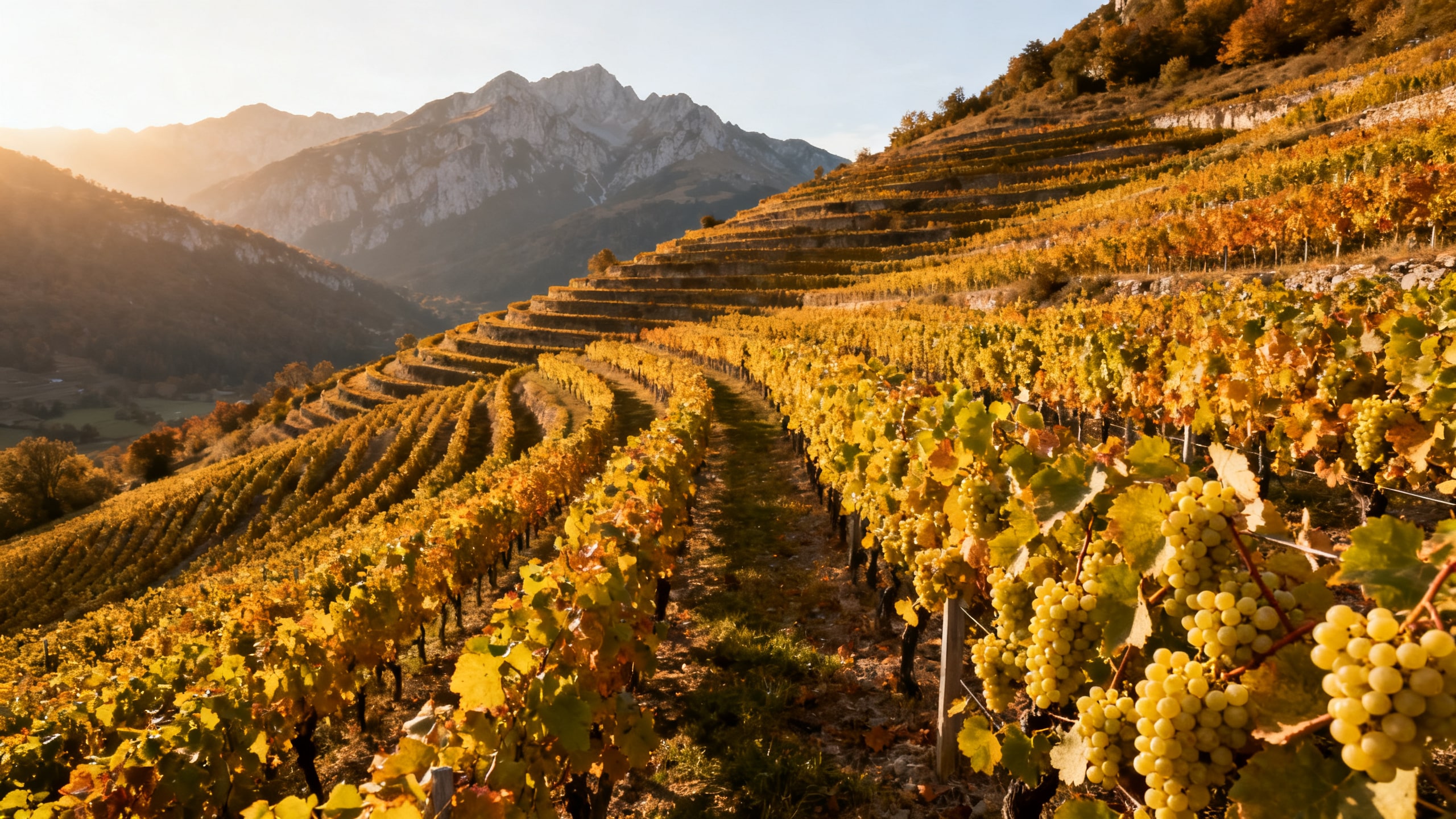 Vignoble de Petit Manseng en Jurançon avec les Pyrénées en arrière-plan