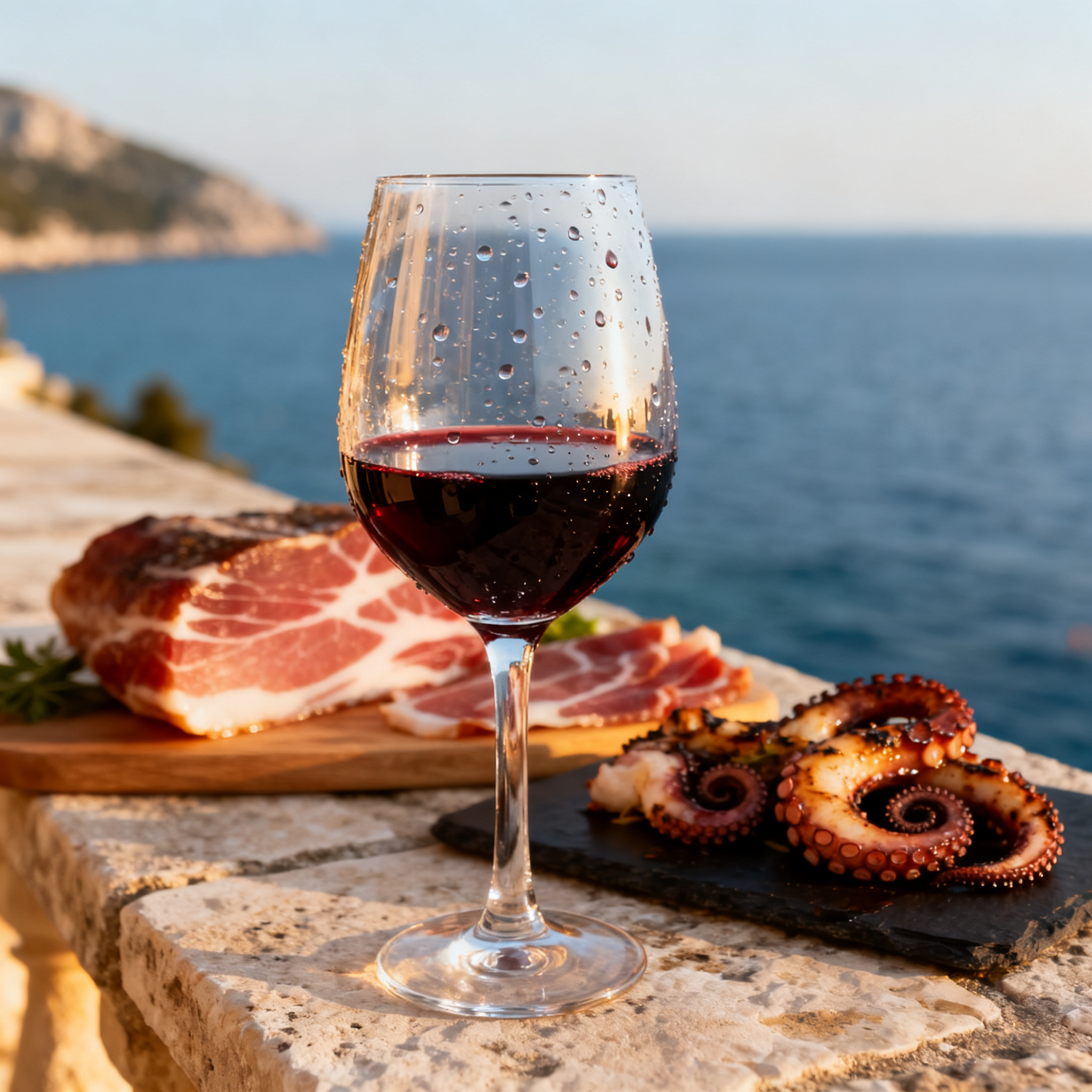 Verre de Plavac Mali avec prosciutto dalmate et vue mer Adriatique