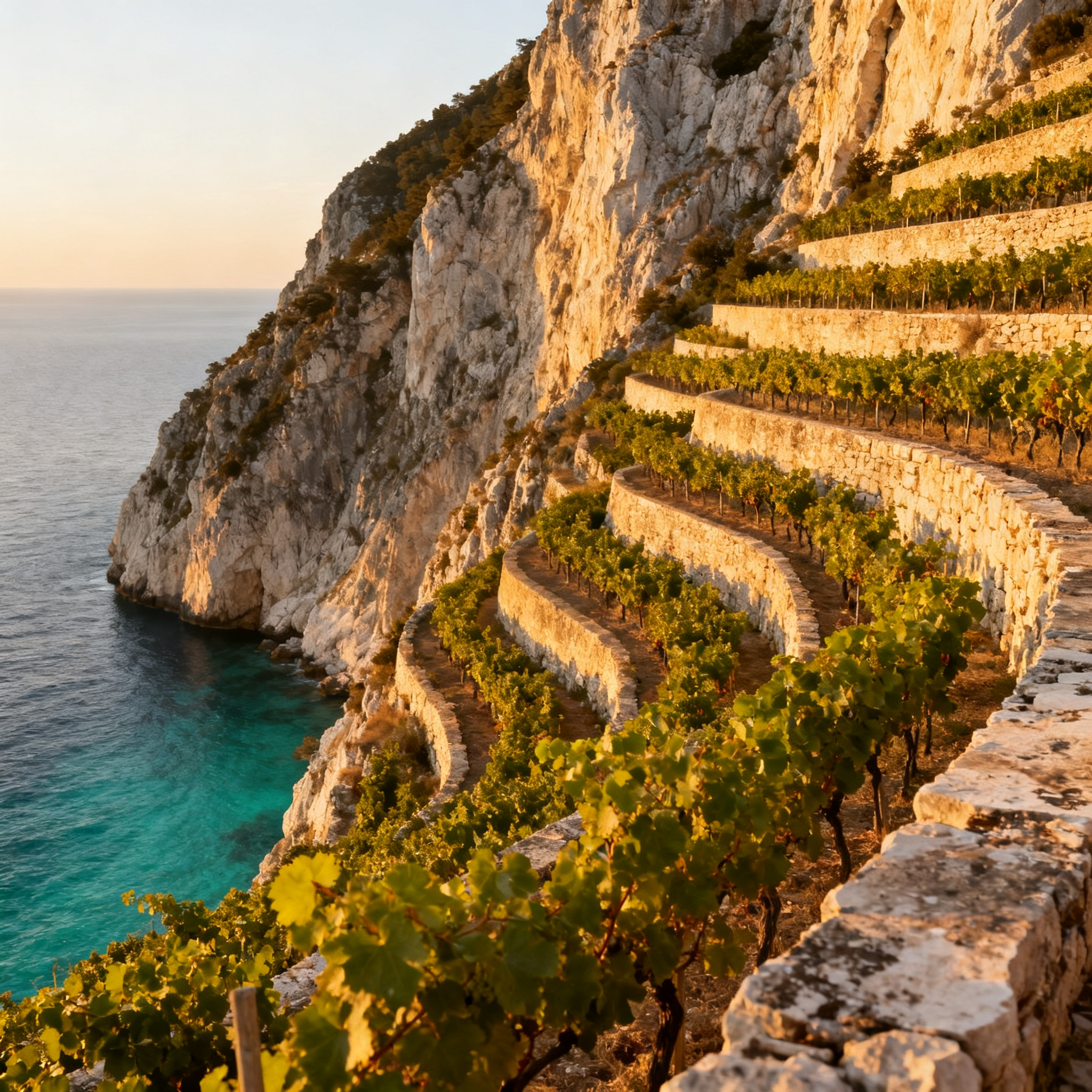 Vignes en terrasses de Plavac Mali dominant la mer Adriatique Peljesac