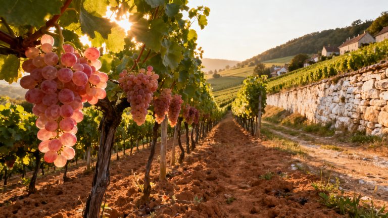 Vignoble de Pupillin dans le Jura, berceau du cépage Poulsard (Ploussard)