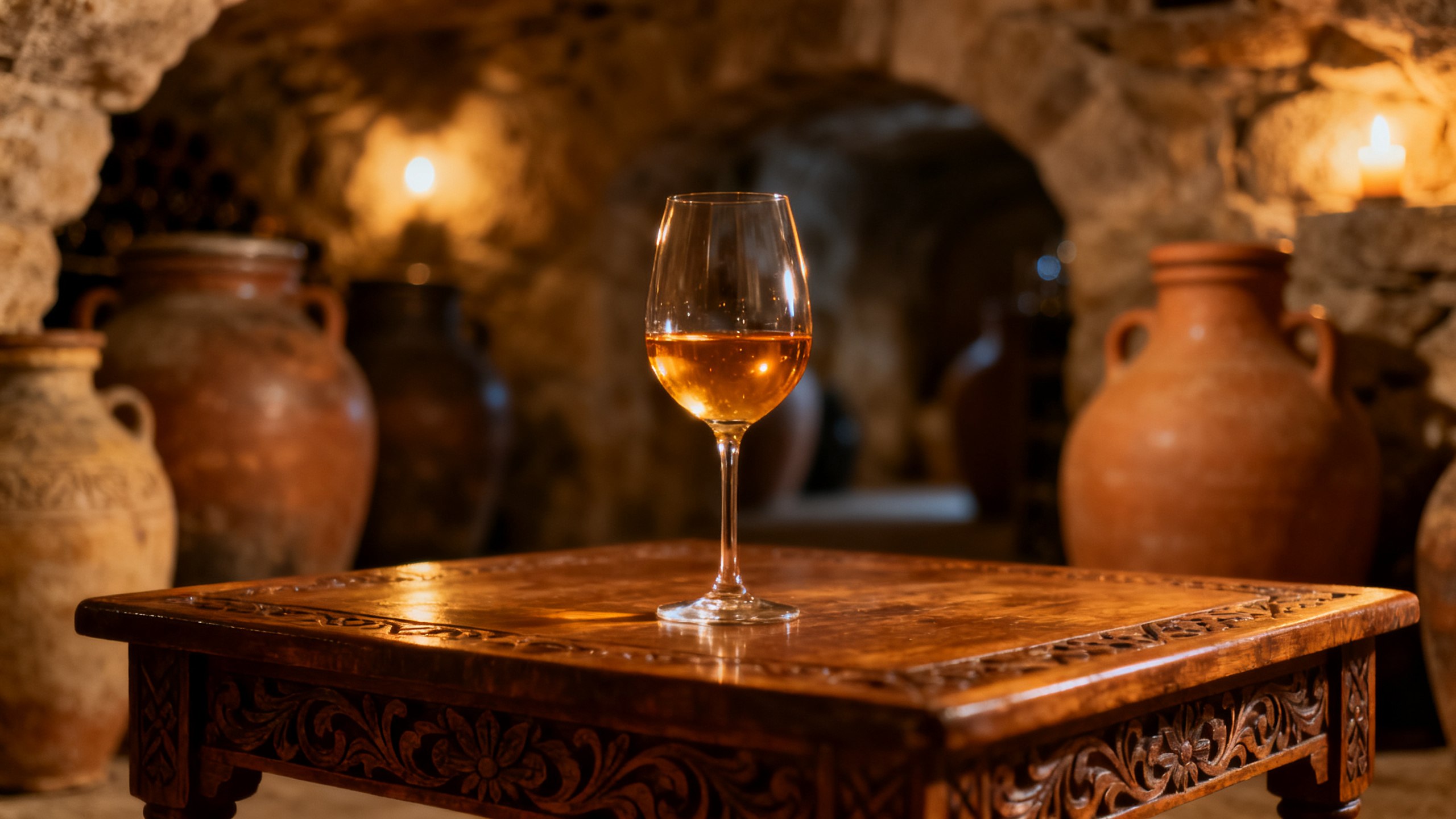 Verre de vin Rkatsiteli ambré kakhétien, qvevri en argile géorgienne en arrière-plan