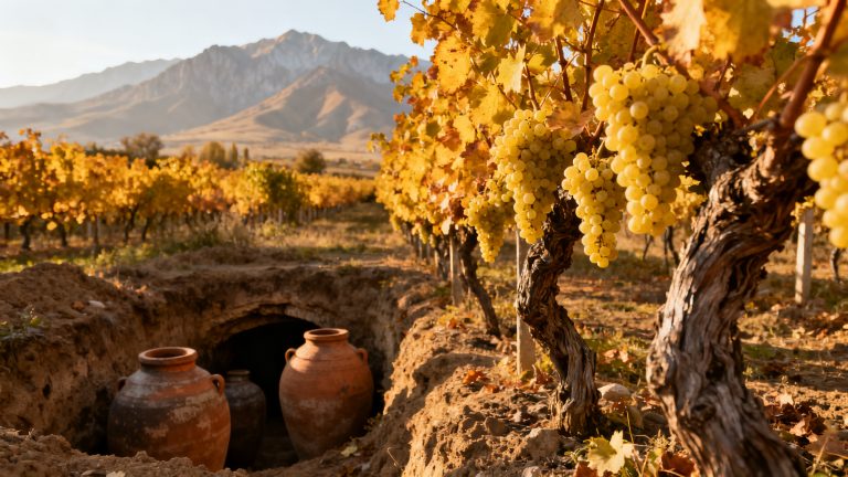 Rkatsiteli : guide complet du cépage blanc géorgien (qvevri, appellations, accords) Vignoble de Kakhétie (Géorgie) avec qvevri enterrés en terre, cépage Rkatsiteli mûr