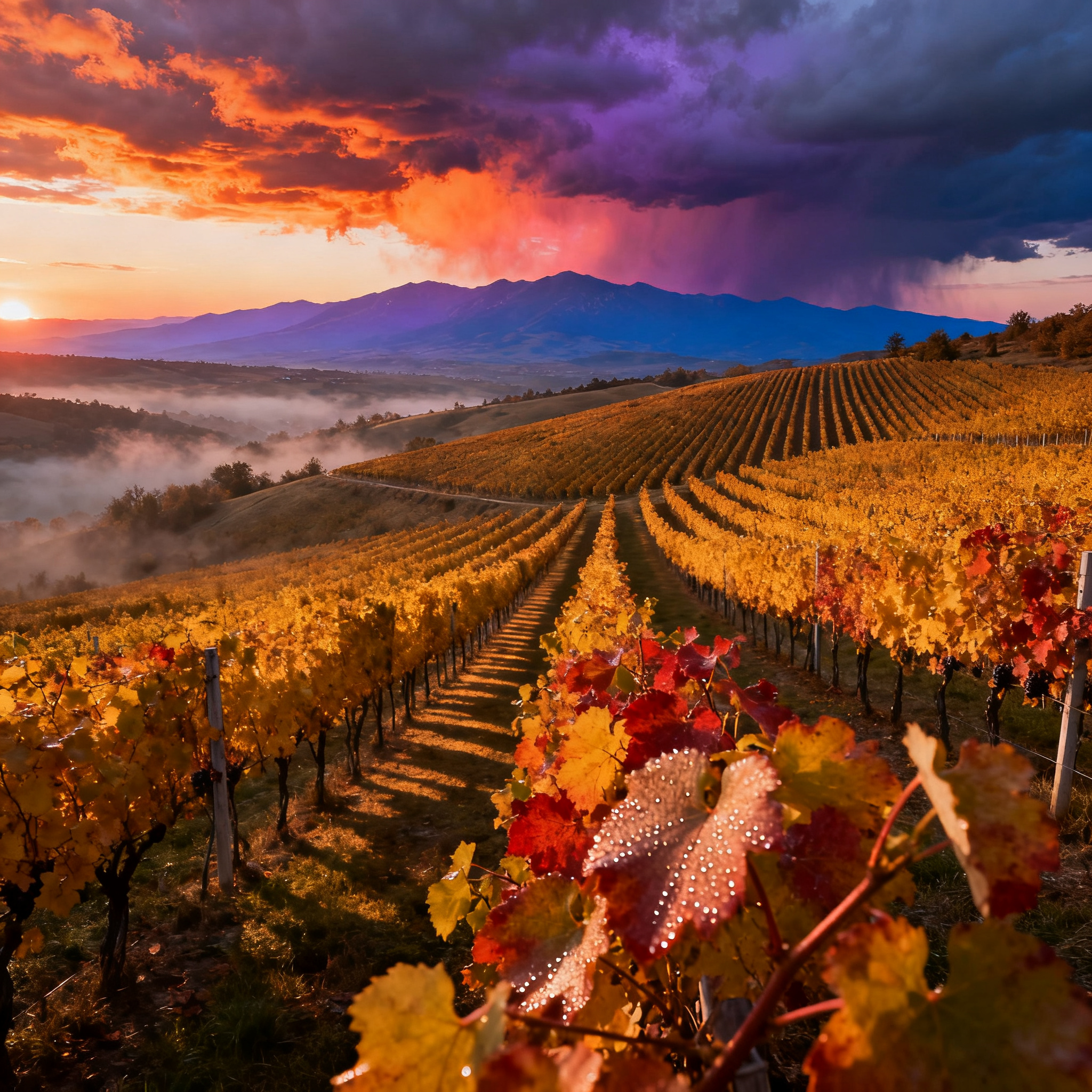 Vignoble de Dealu Mare en Roumanie avec les Carpathes en arrière-plan au coucher du soleil
