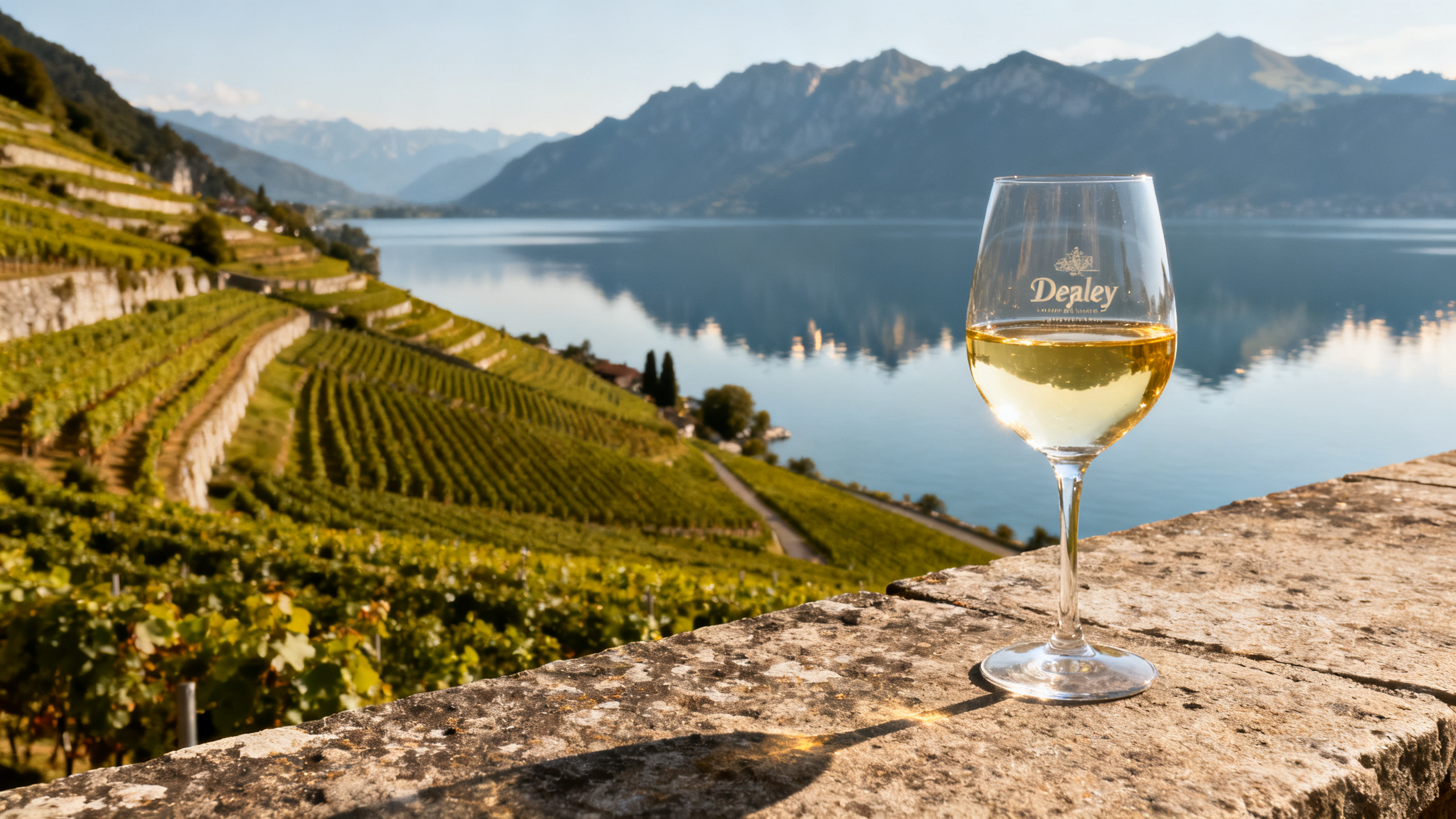Verre de Chasselas blanc suisse Dézaley avec vue sur le lac Léman et les terrasses de Lavaux