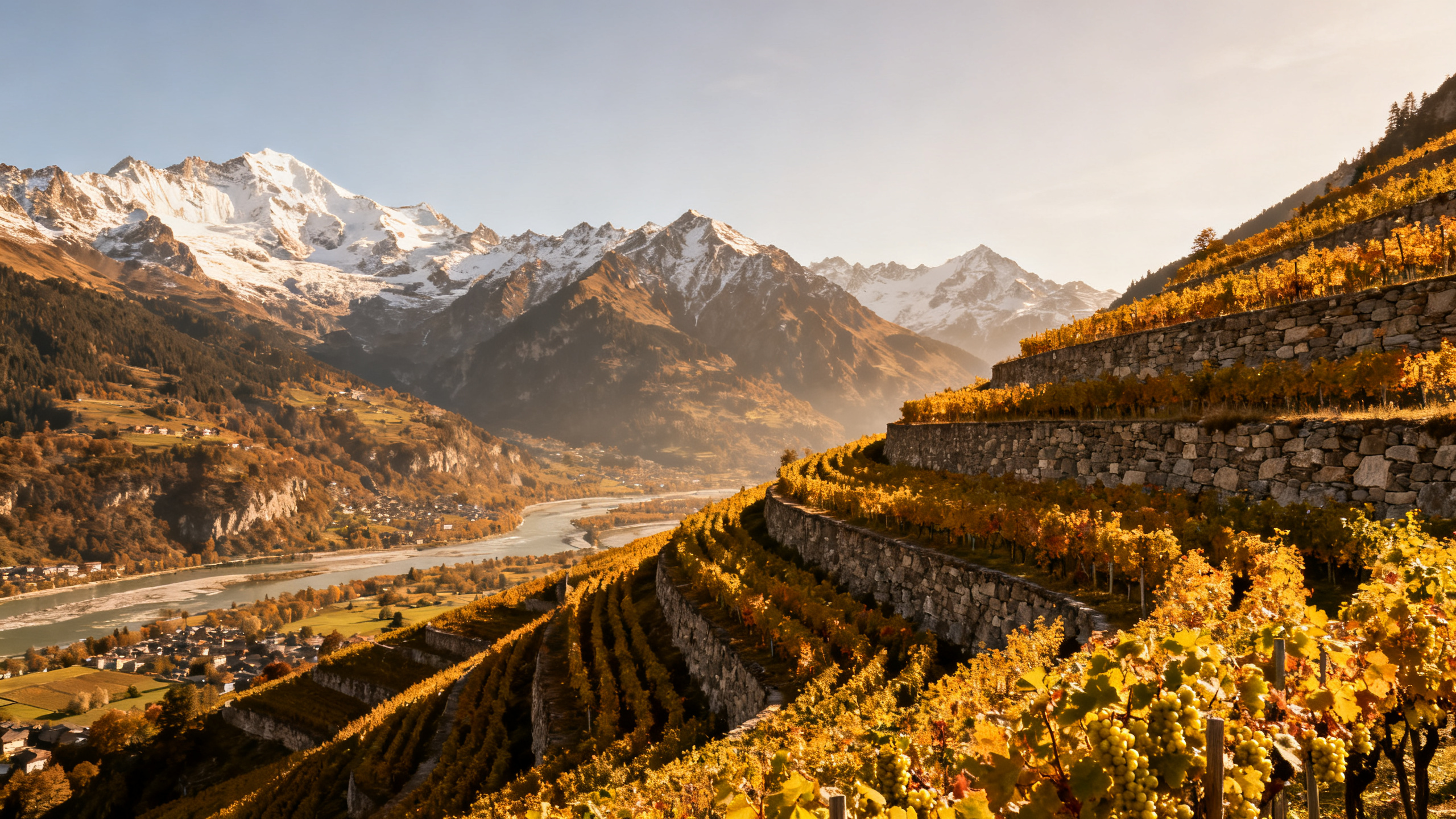 Vignobles en terrasses Valais avec les Alpes en arrière-plan — guide millésimes Suisse
