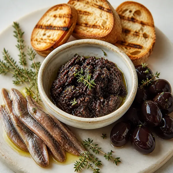 Tapenade olive noire et antipasti méditerranéens