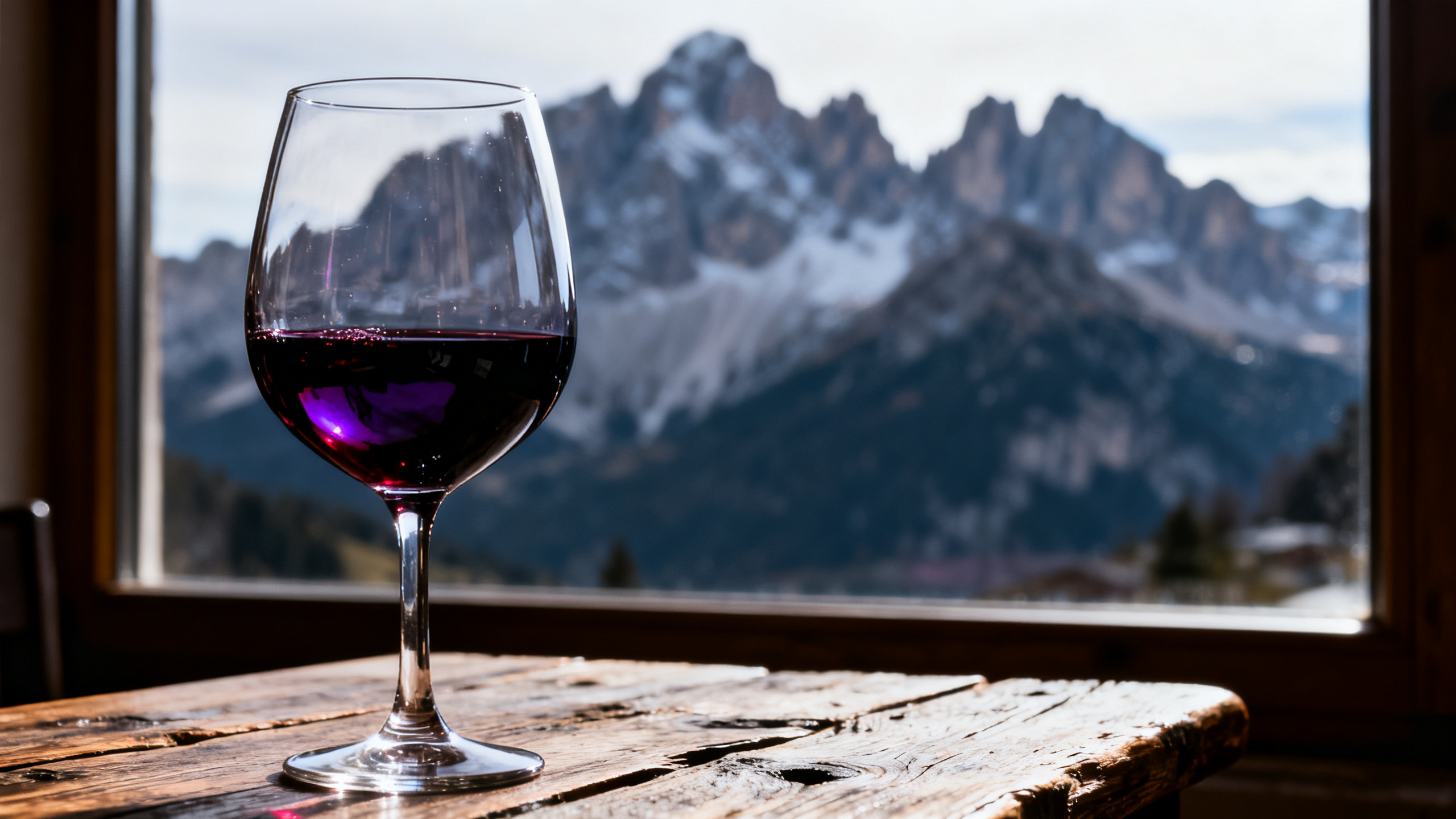 Verre de Teroldego rouge profond aux reflets violets, Alpes italiennes en arrière-plan
