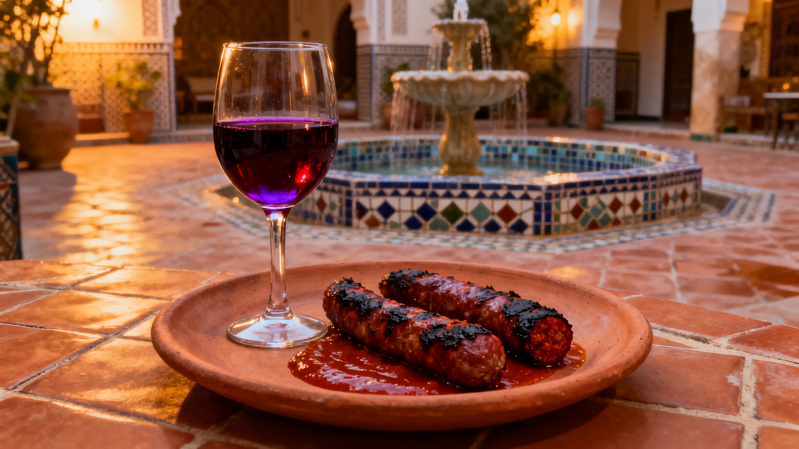 Verre de vin rouge de Tunisie accompagné d'un plat d'agneau merguez dans un riad traditionnel