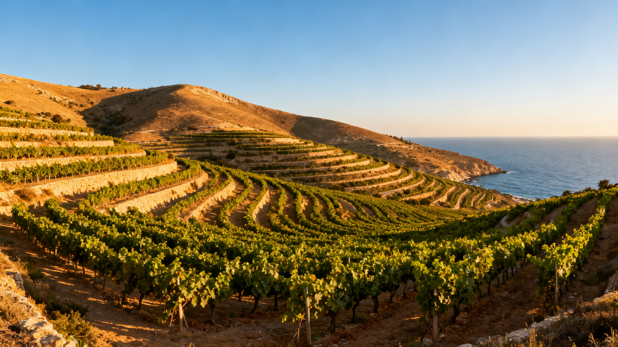 Vignes en Tunisie sur les collines du Cap Bon avec vue sur la Méditerranée