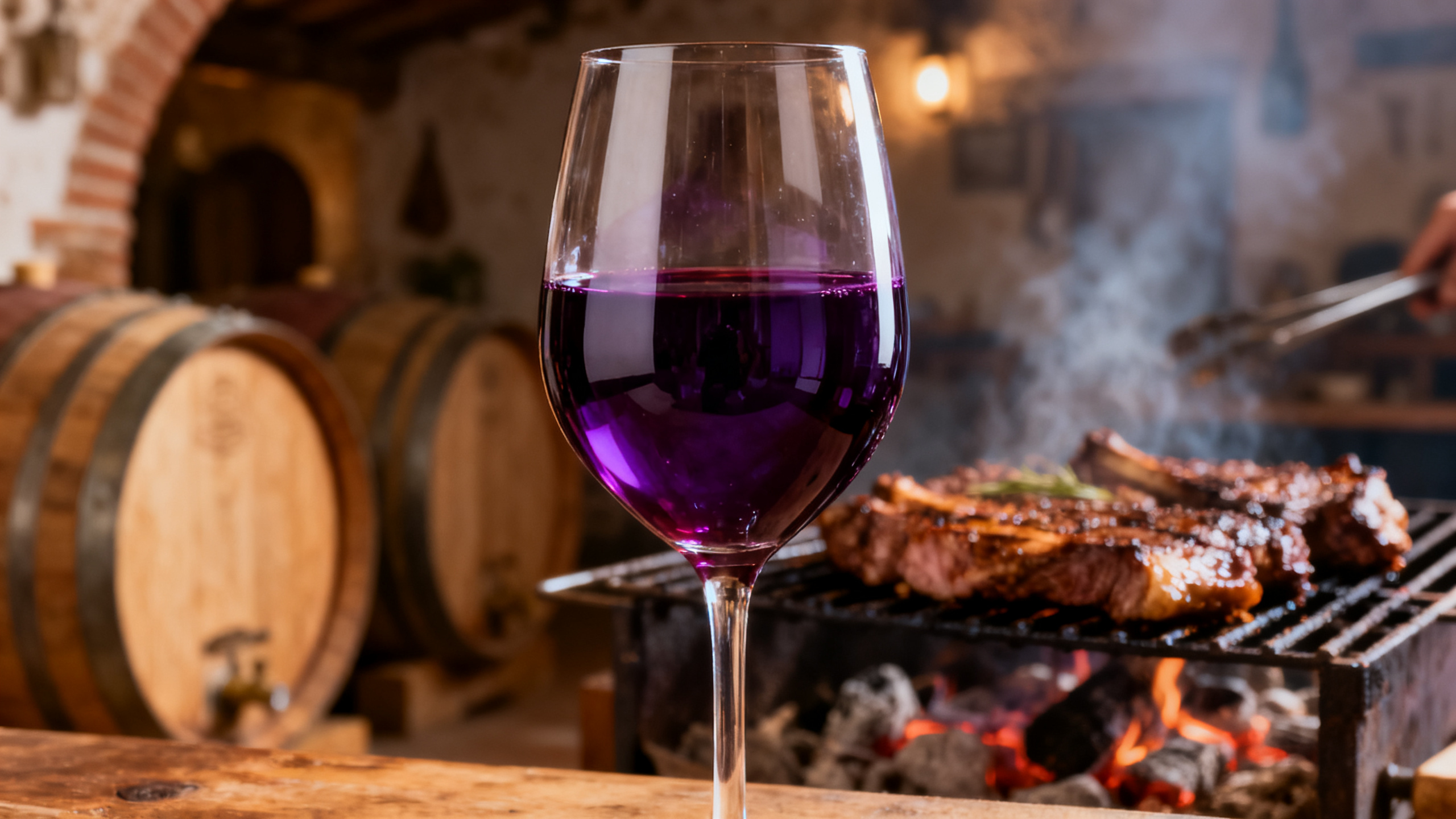 Verre de Tannat uruguayen rouge profond avec grille asado et cave en arrière-plan