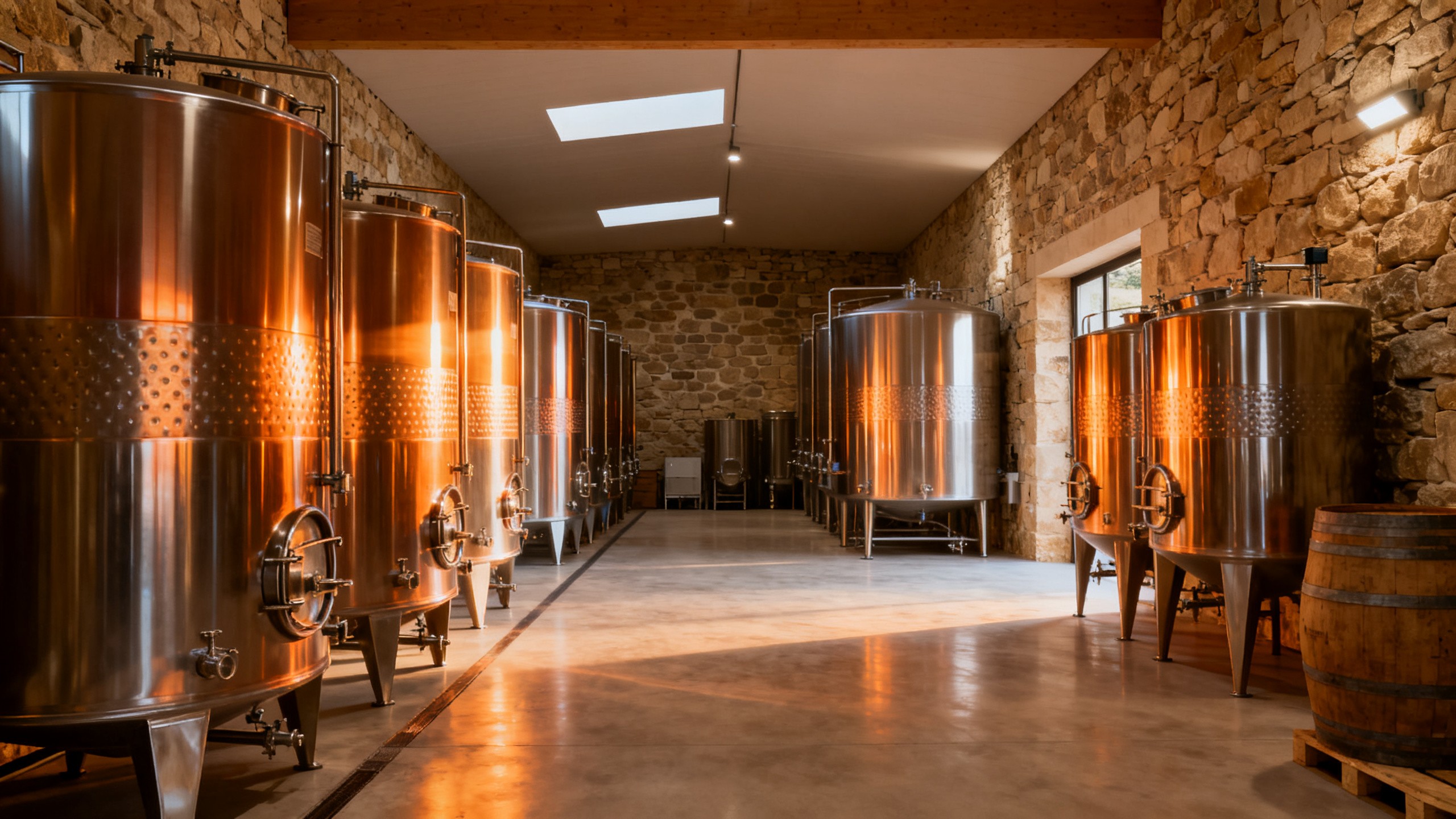 Cave viticole du Languedoc avec cuves inox après les premières vendanges 2026