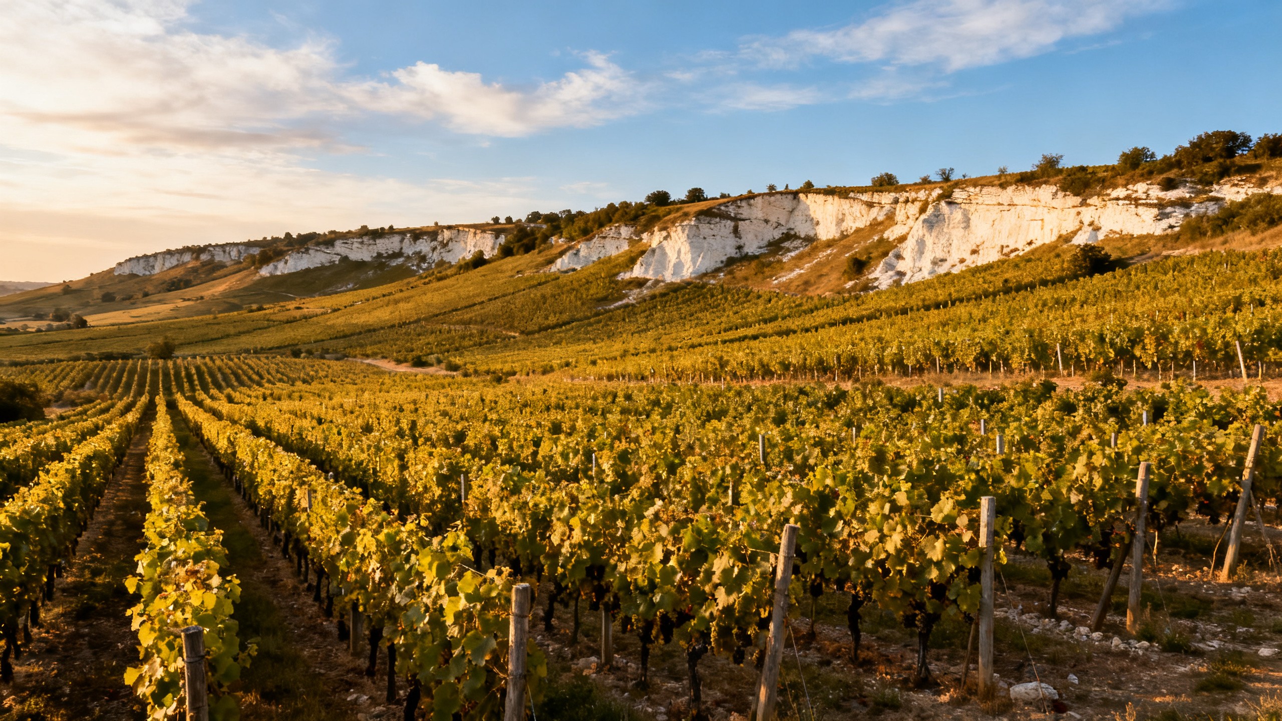 Vignoble de Champagne en été 2026 — rangées de vignes sous ciel bleu avant les vendanges