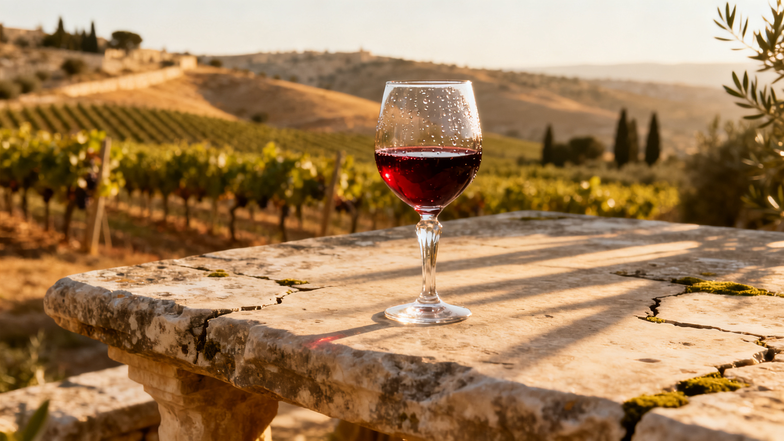 Verre de vin rouge israélien sur table en pierre ancienne, collines de Judée en arrière-plan