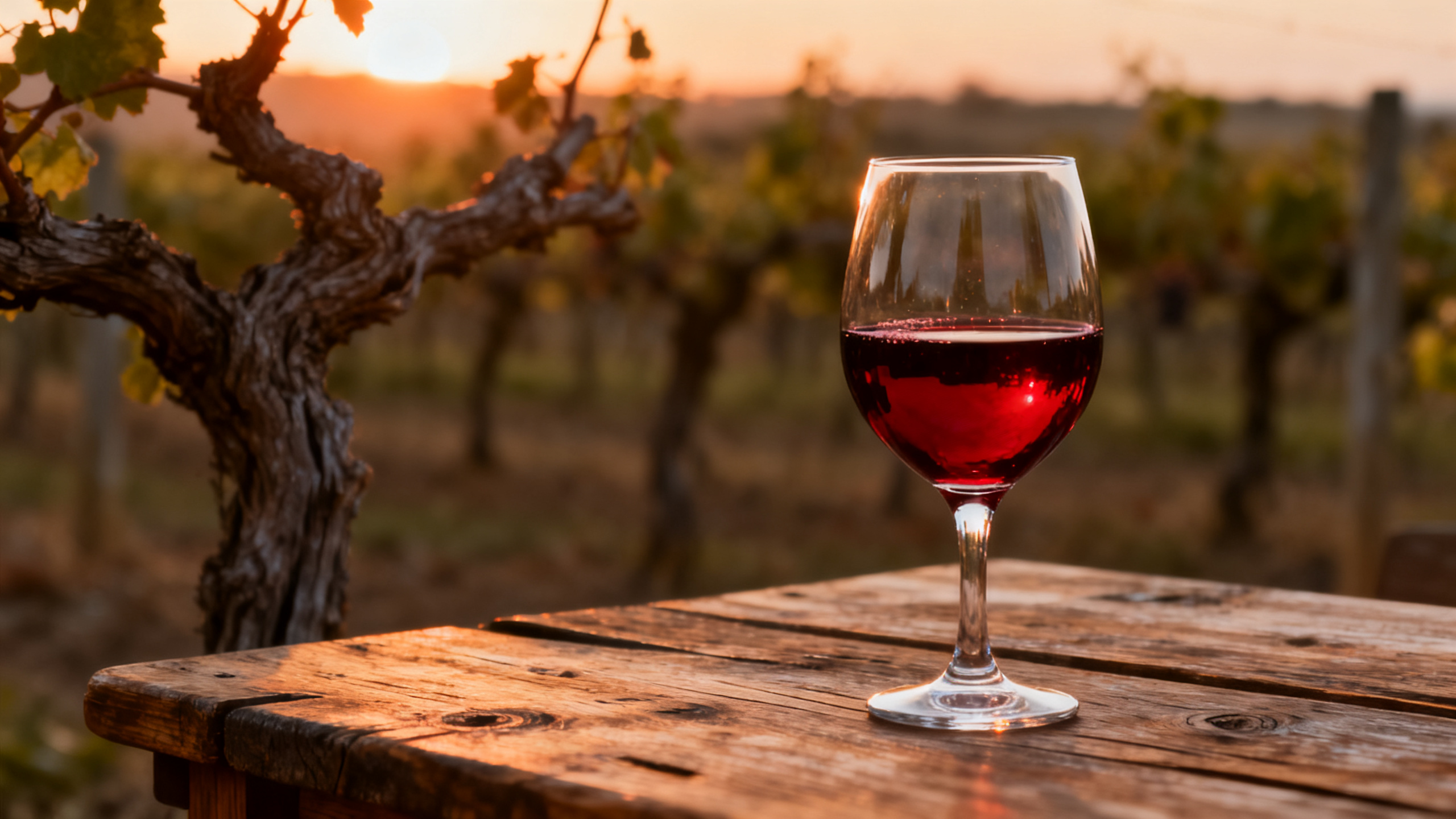 Verre de vin rouge profond avec vieilles vignes en arrière-plan au coucher du soleil