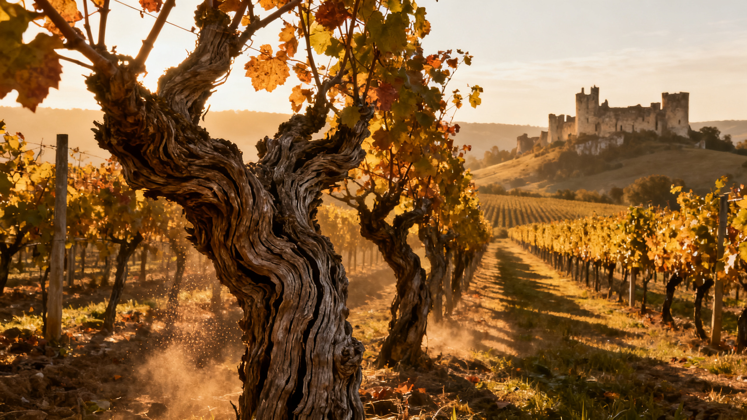 Vieux ceps centenaires avec troncs tordus et sol rocheux, vignoble France