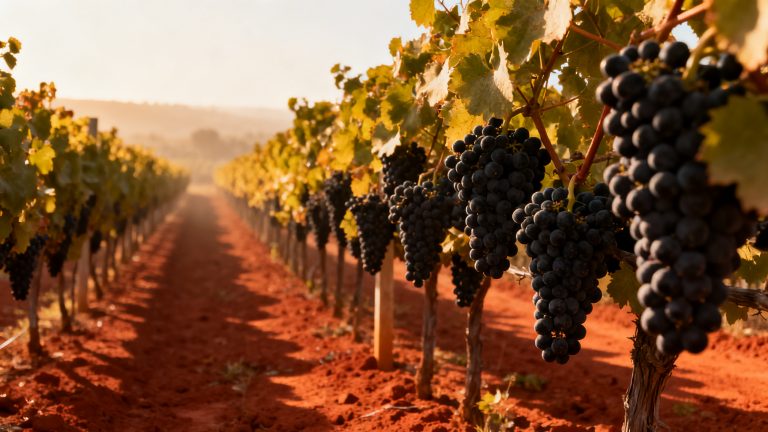 Alicante Bouschet : Guide du Cépage Teinturier de l'Alentejo Vignoble Alentejo au coucher de soleil, grappes Alicante Bouschet tres sombres