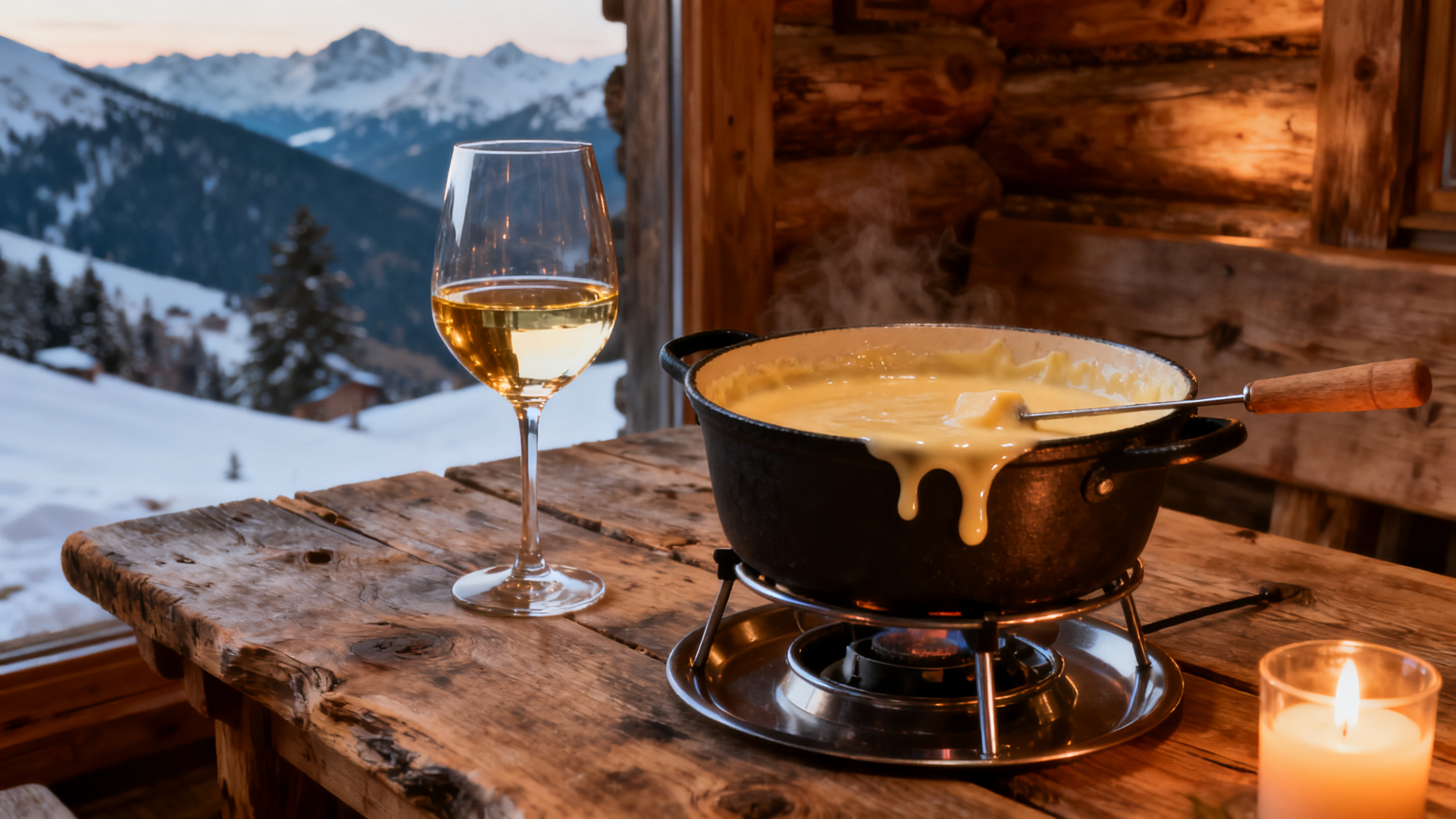 Verre de Roussette de Savoie avec une fondue au Beaufort dans un chalet de montagne