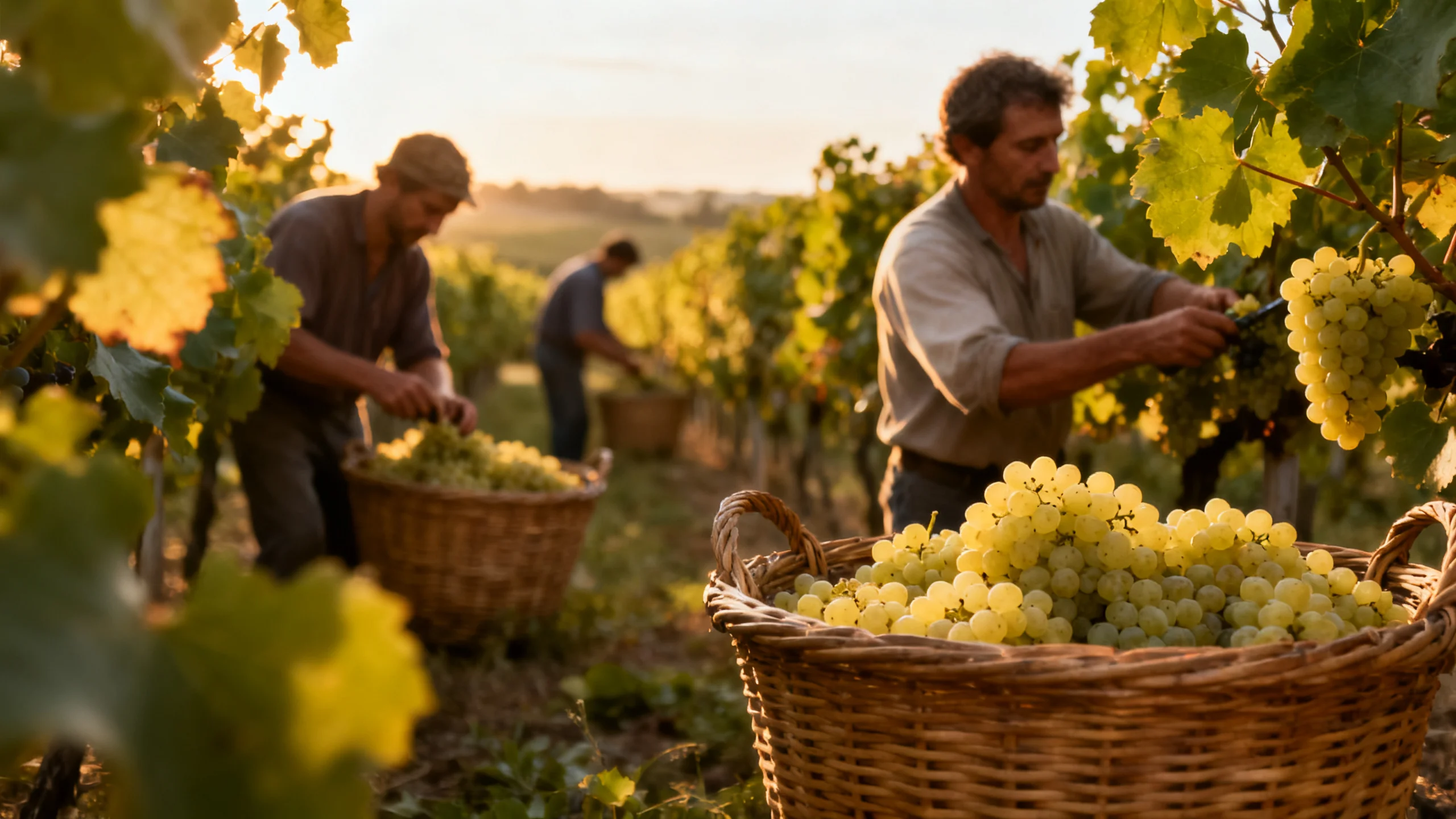 Vendangeurs récoltant le raisin dans un vignoble français lors des vendanges 2026