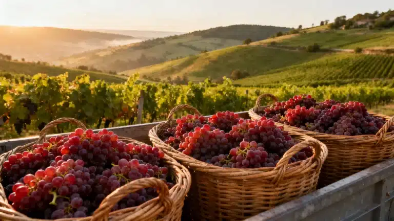 Vendangeurs dans le vignoble Beaujolais 2026, récolte du Gamay en août